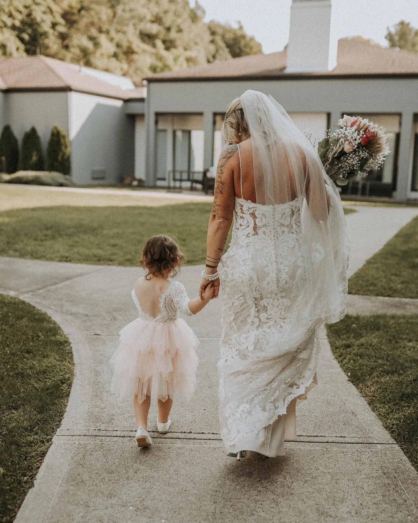 Bride In Lace Sheath Wedding Gown Name Tuscany Lynette By Maggie Sottero Bride With Daughter