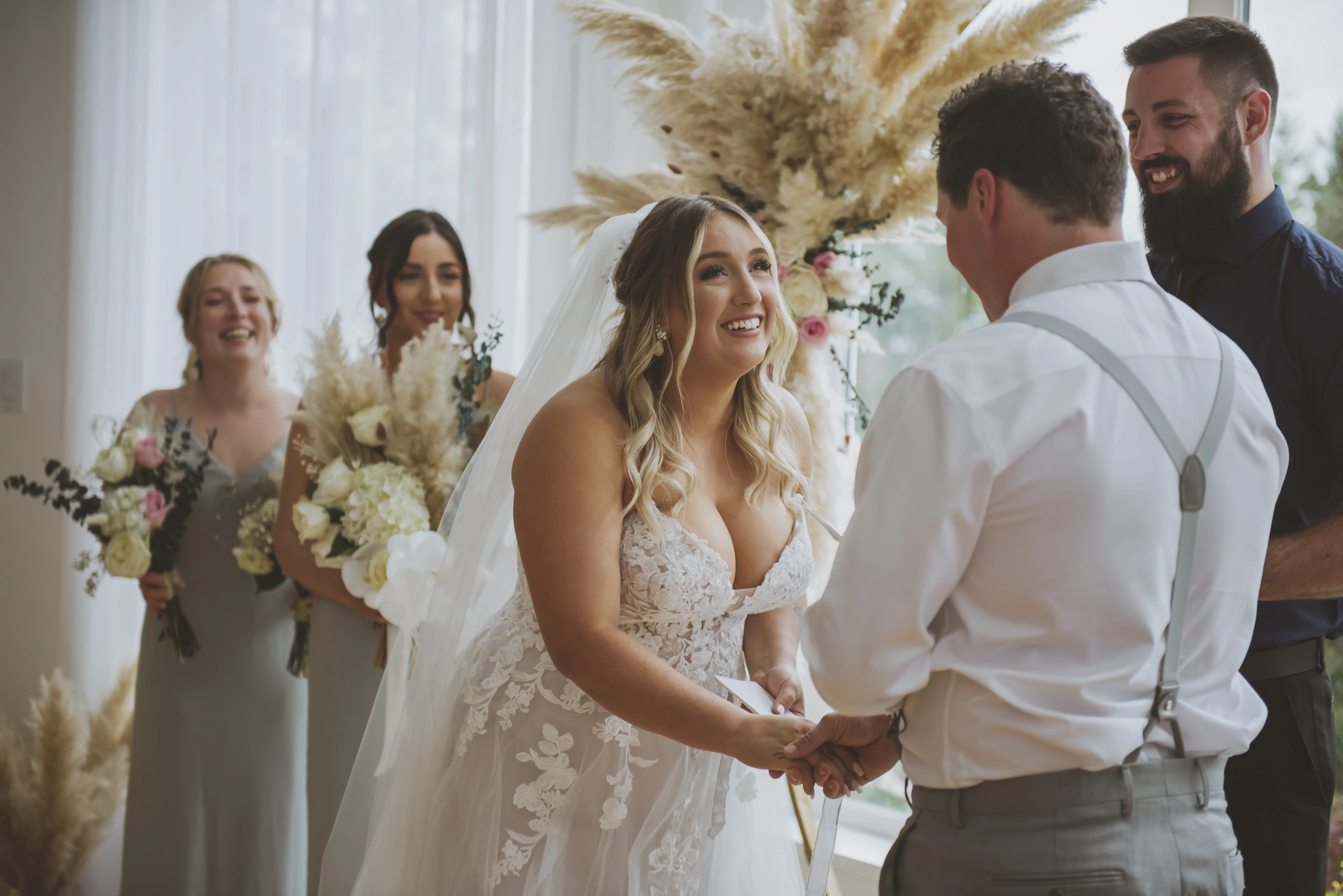 Groom With Bride Wearing Princess Lace Wedding Dress Stevie By Maggie Sottero