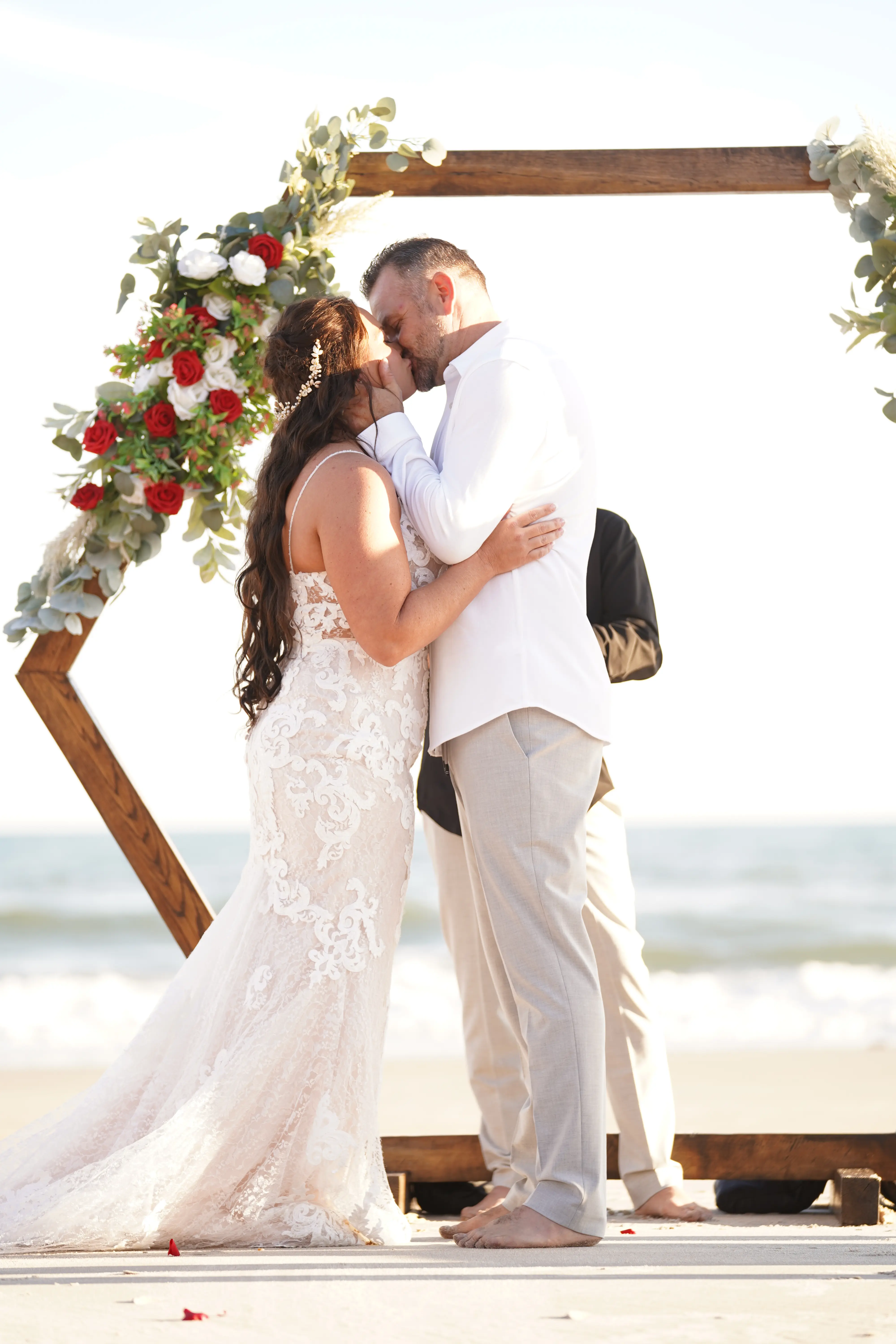 Groom With Bride Wearing Lace Sheath Wedding Gown Tuscany Lynette By Maggie Sottero