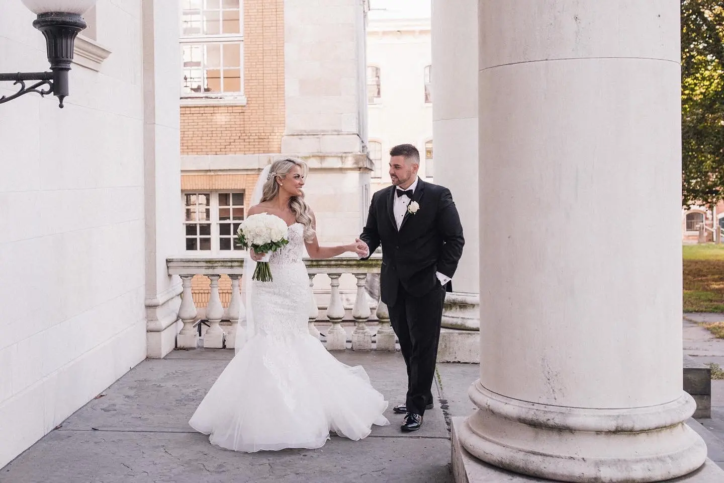 Bride Wearing Lace Mermaid Wedding Dress Called Alistaire By Maggie Sottero With Groom