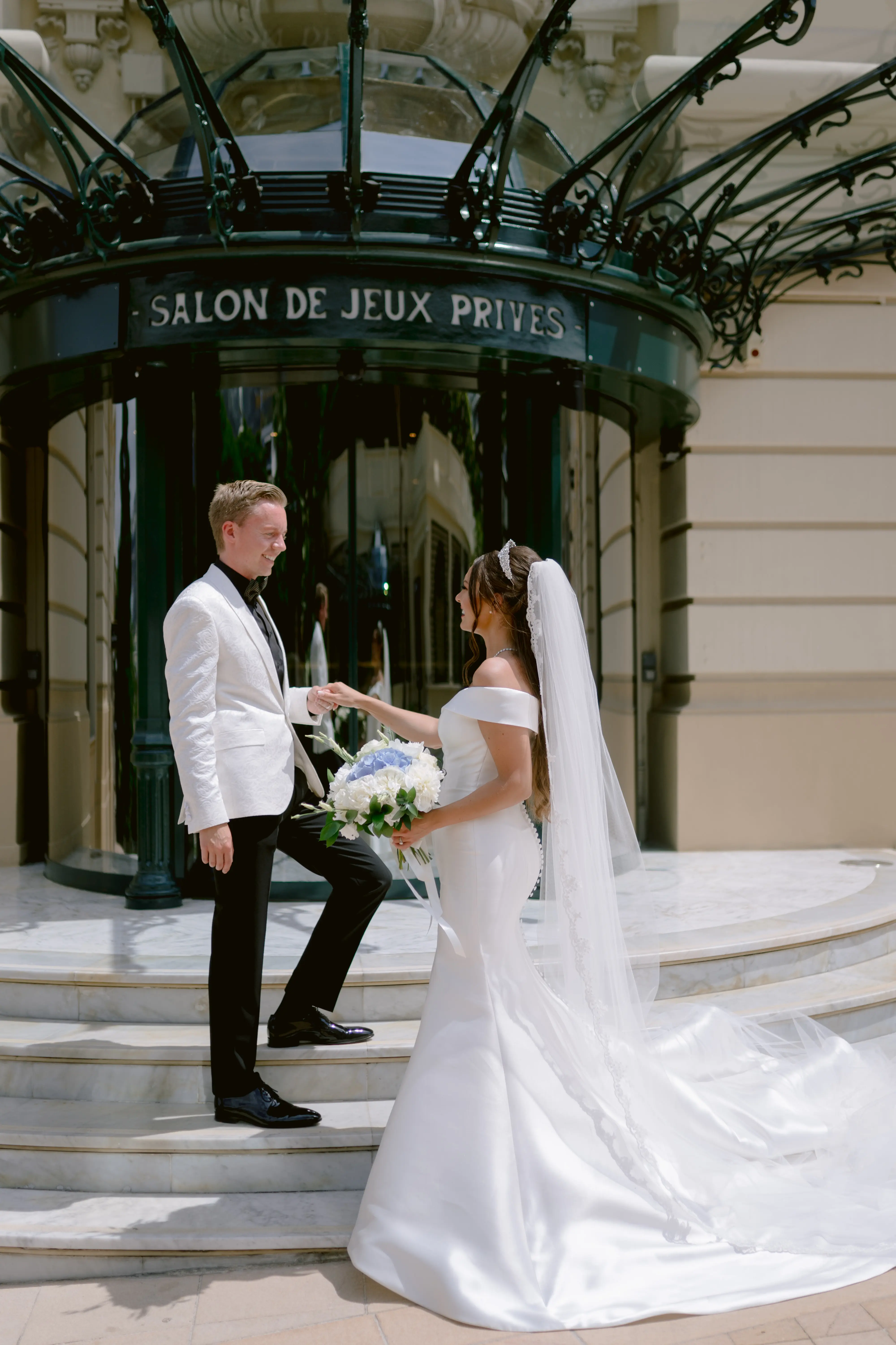 Groom With Bride Wearing Simple Off The Shoulder Fit And Flare Wedding Dress Josie By Rebecca Ingram
