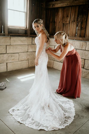 Bride In Sheer Sheath Tuscany Lynette Maggie Sottero With Bridesmaid In Red