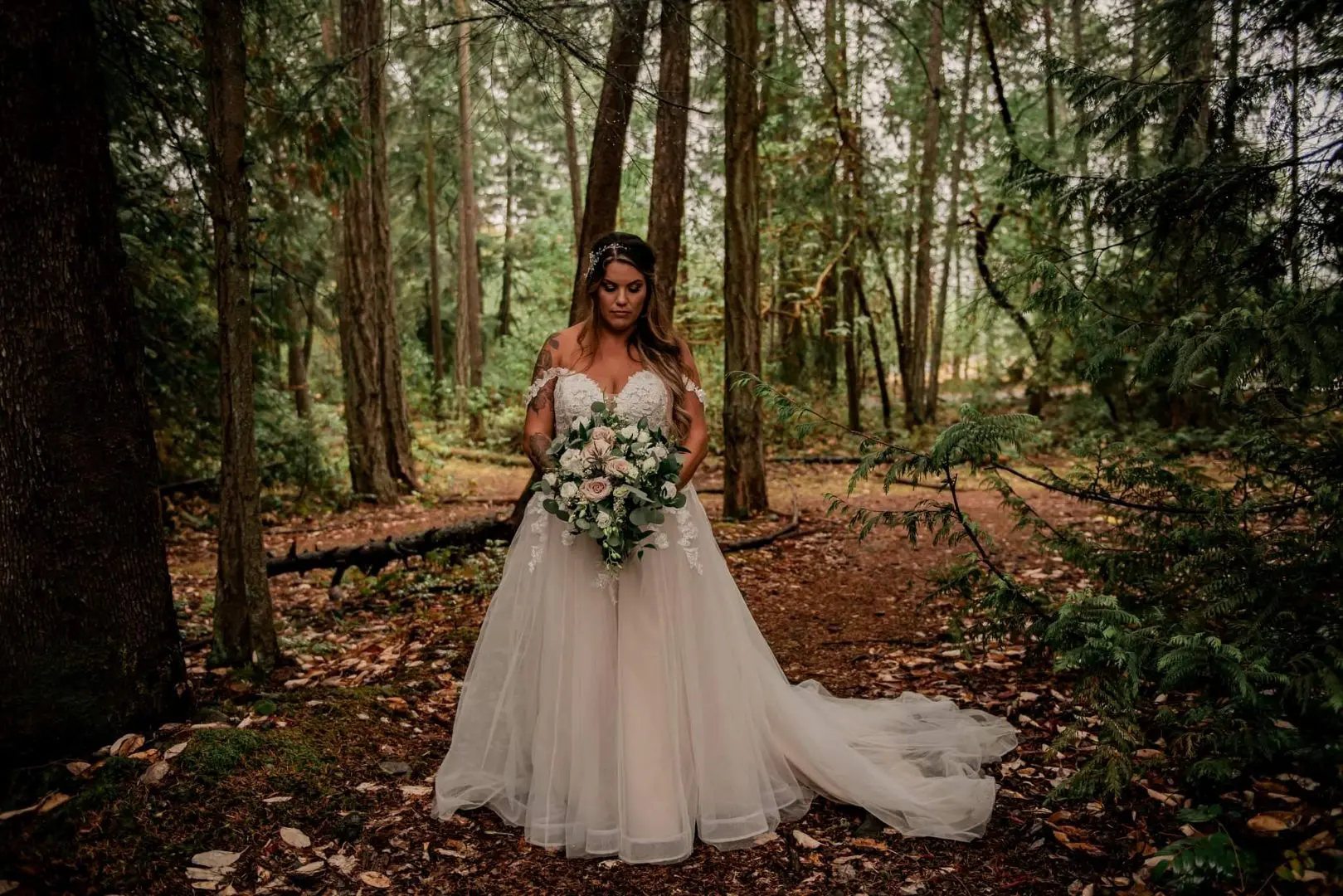 Bride wearing Boho Wedding Dress called Stevie by Maggie Sottero in the forest