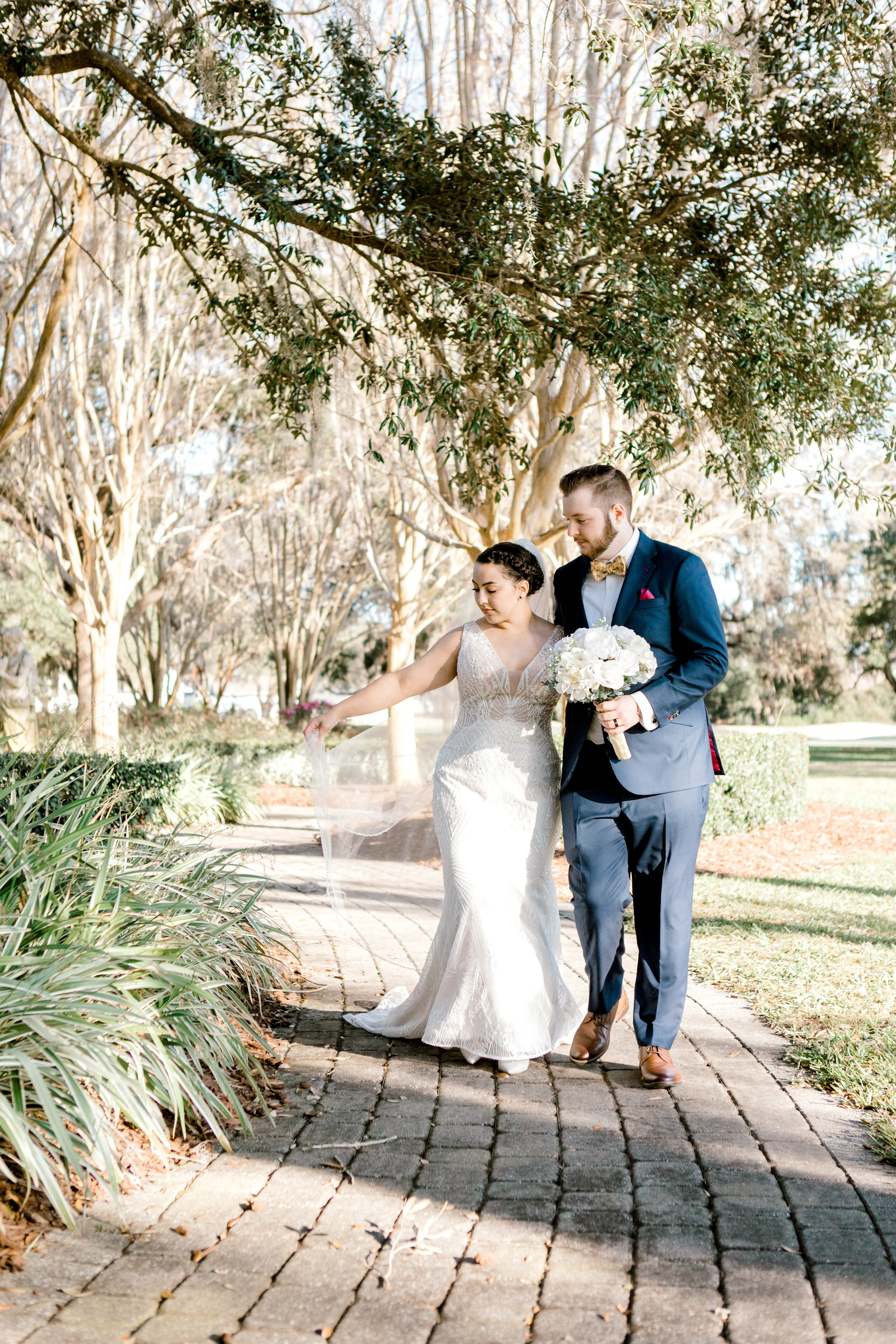 Groom with Bride in Gorgeous Art Deco Wedding Dress with Plunging Illusion V-Neckline Called Elaine by Maggie Sottero