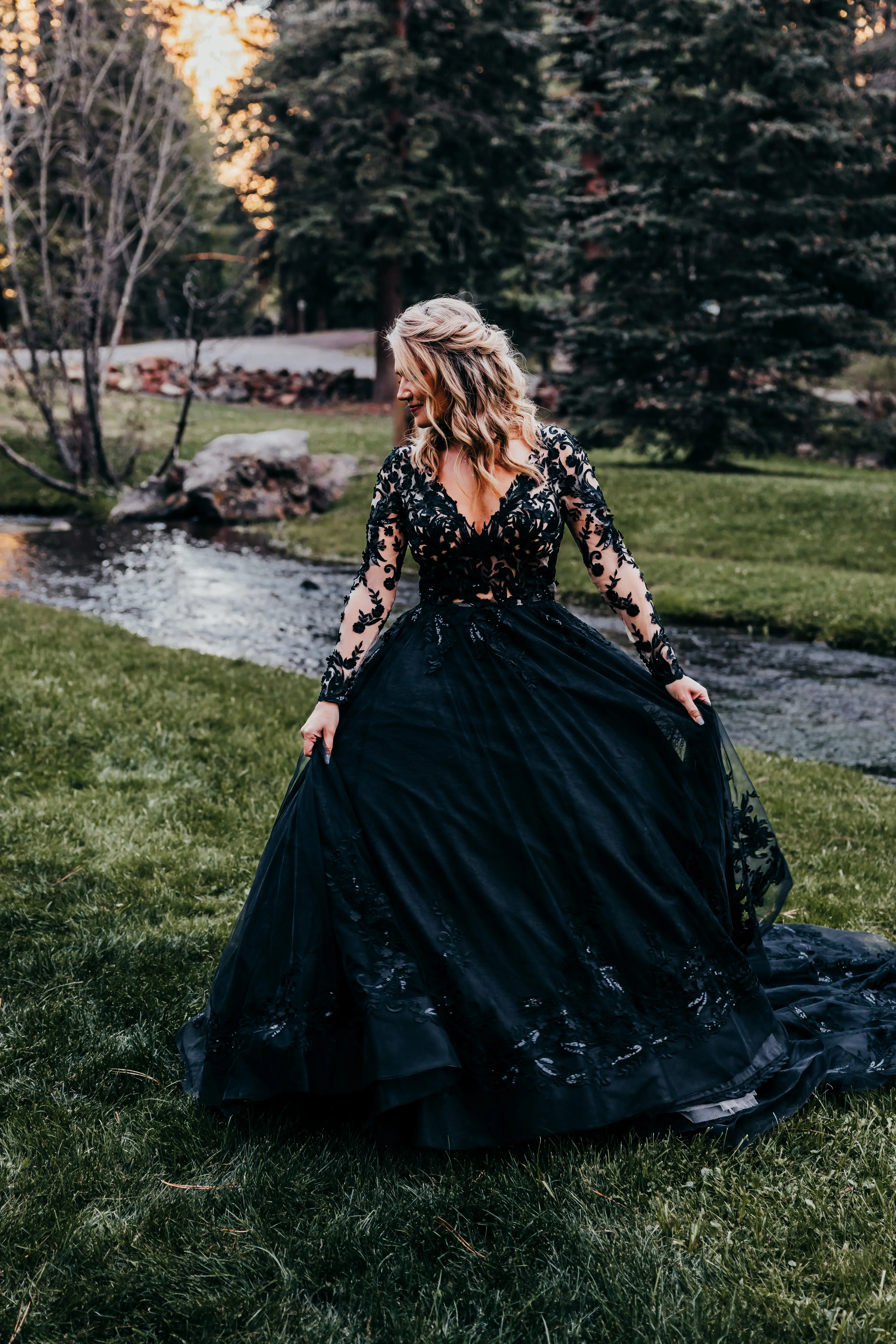 Bride Wearing Black Lace Ballgown Wedding Dress Called Zander By Sottero And Midgley In The Forest