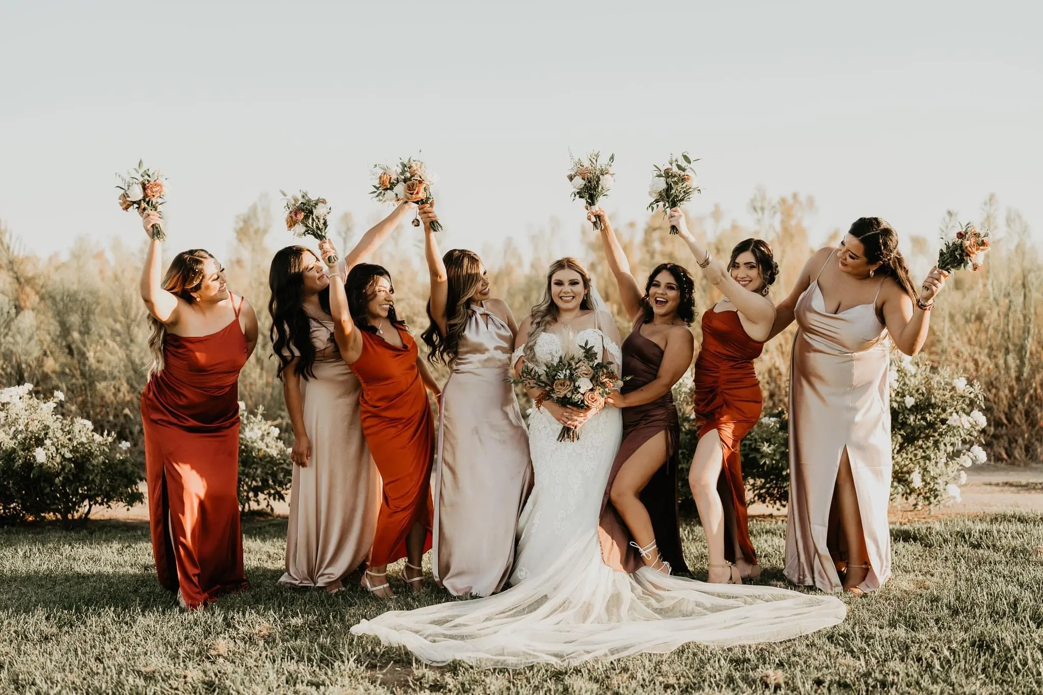 Bride In Fit And Flare Off The Shoulder Wedding Dress Named Fiona By Maggie Sottero With Bridesmaids