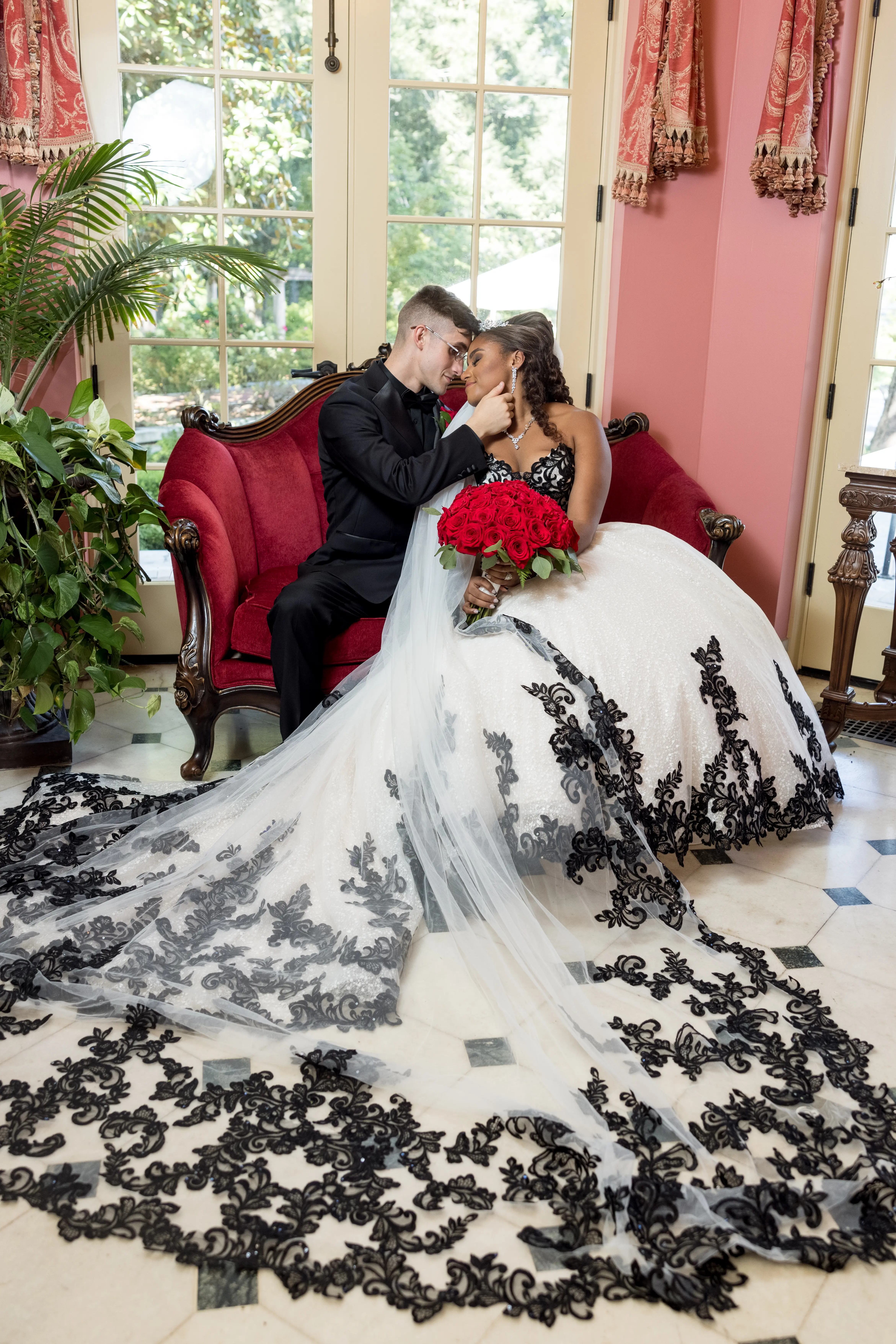 Groom With Bride Wearing Ball Gown With Black Lace Tristyn By Maggie Sottero