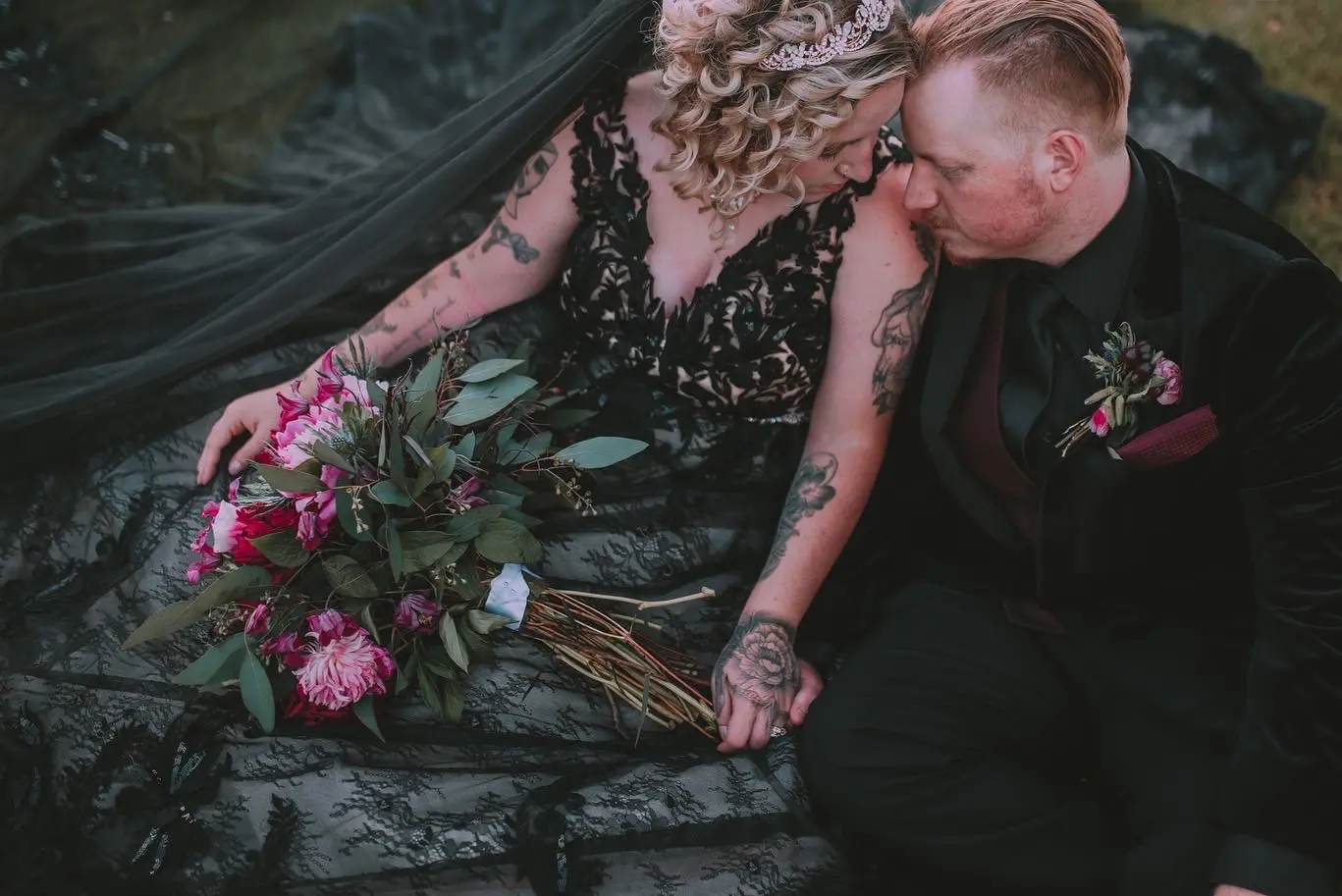 Groom With Bride Wearing Black Lace Ball Gown Zander By Sottero and Midgley