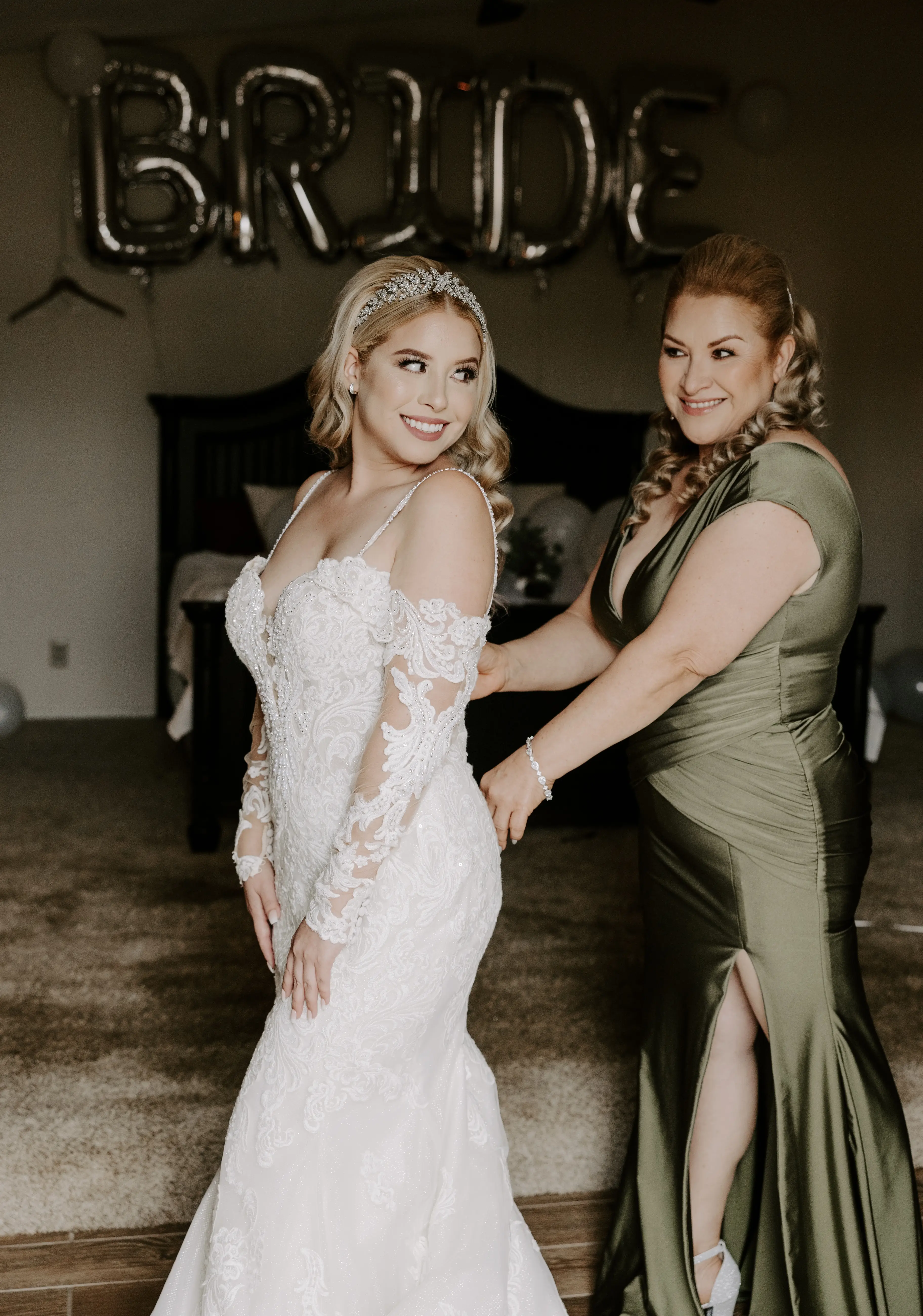 Real Bride in Sparkly Lace Fit-and-Flare Wedding Gown with Off-the-Shoulder Sleeves Called Fiona by Maggie Sottero