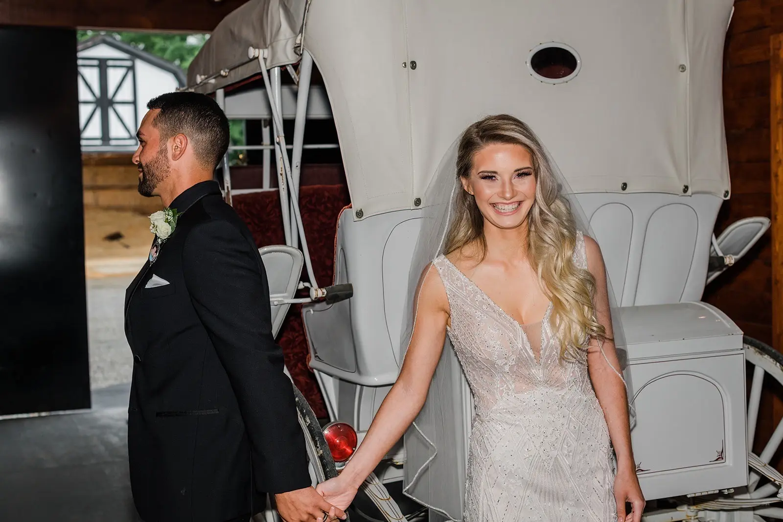 Groom With Bride Wearing Form Fitting Art Deco Wedding Dress Elaine By Maggie Sottero