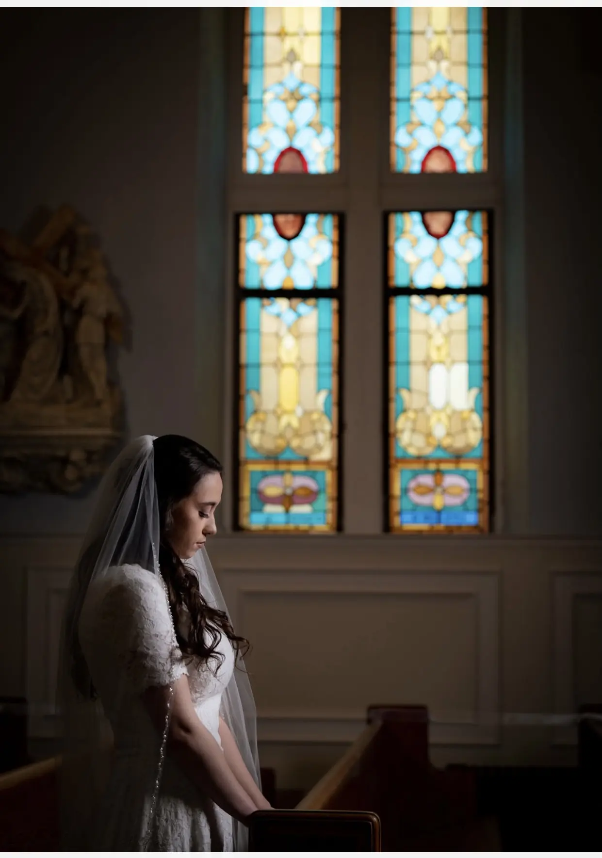 Real Bride wearing modest wedding dress called Prescott by Maggie Sottero.