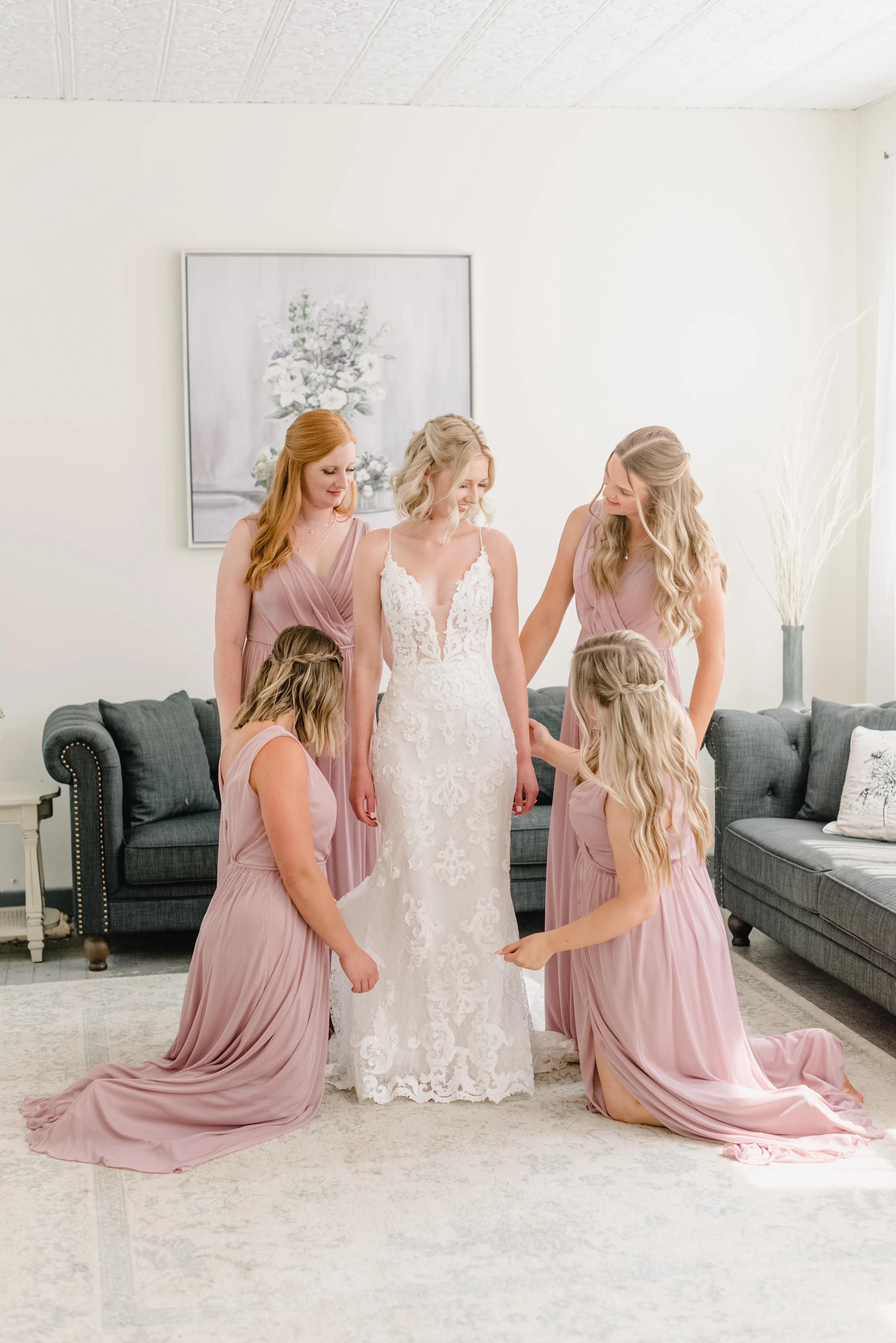 Bride wearing lace sheath wedding dress