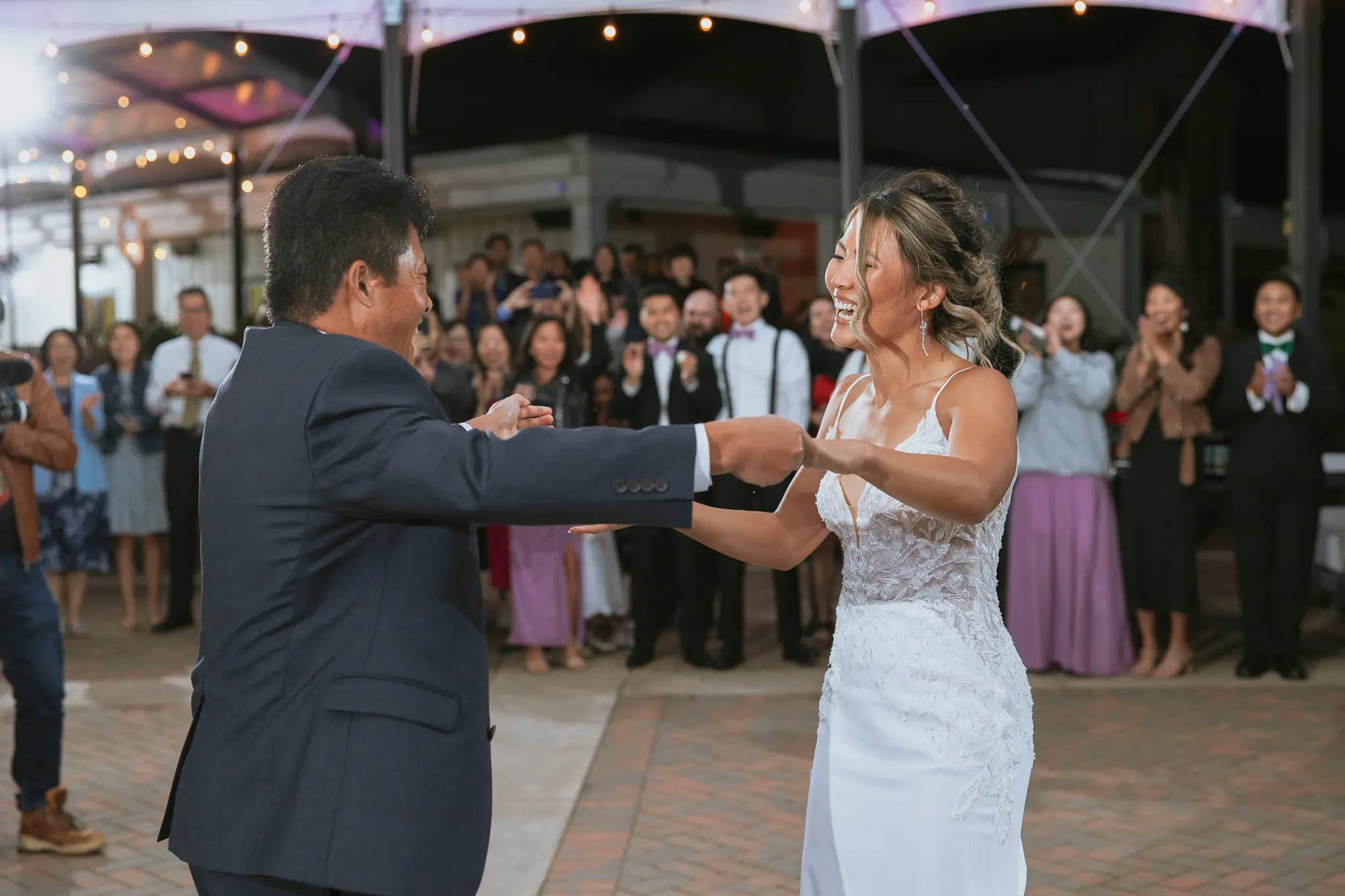 Bride In Lace Crepe Wedding Dress Called Alda By Rebecca Ingram With Father Of The Bride