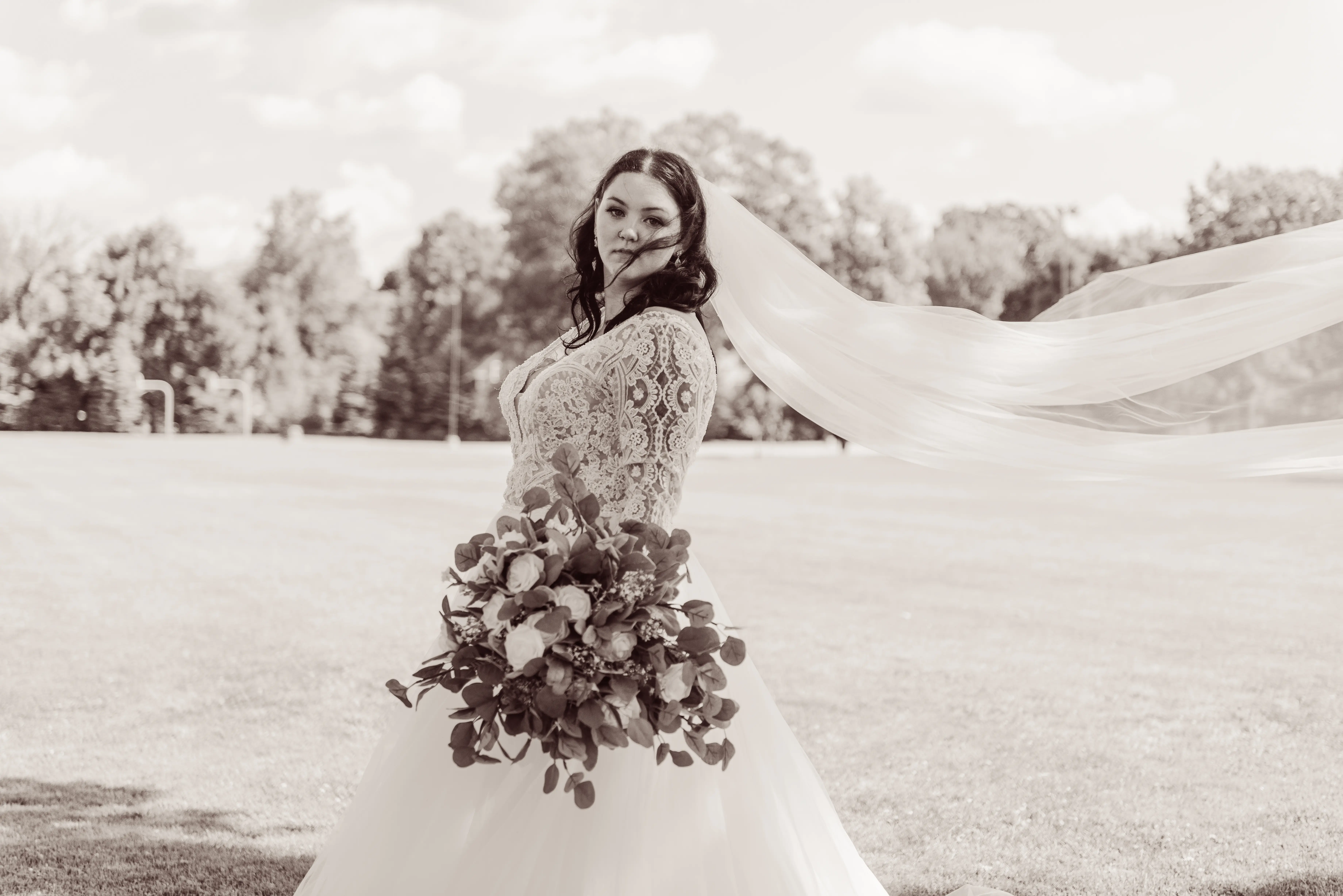 Real Bride in V-neckline, Tulle Skirt Wedding Dress Named Mallory Dawn by Maggie Sottero