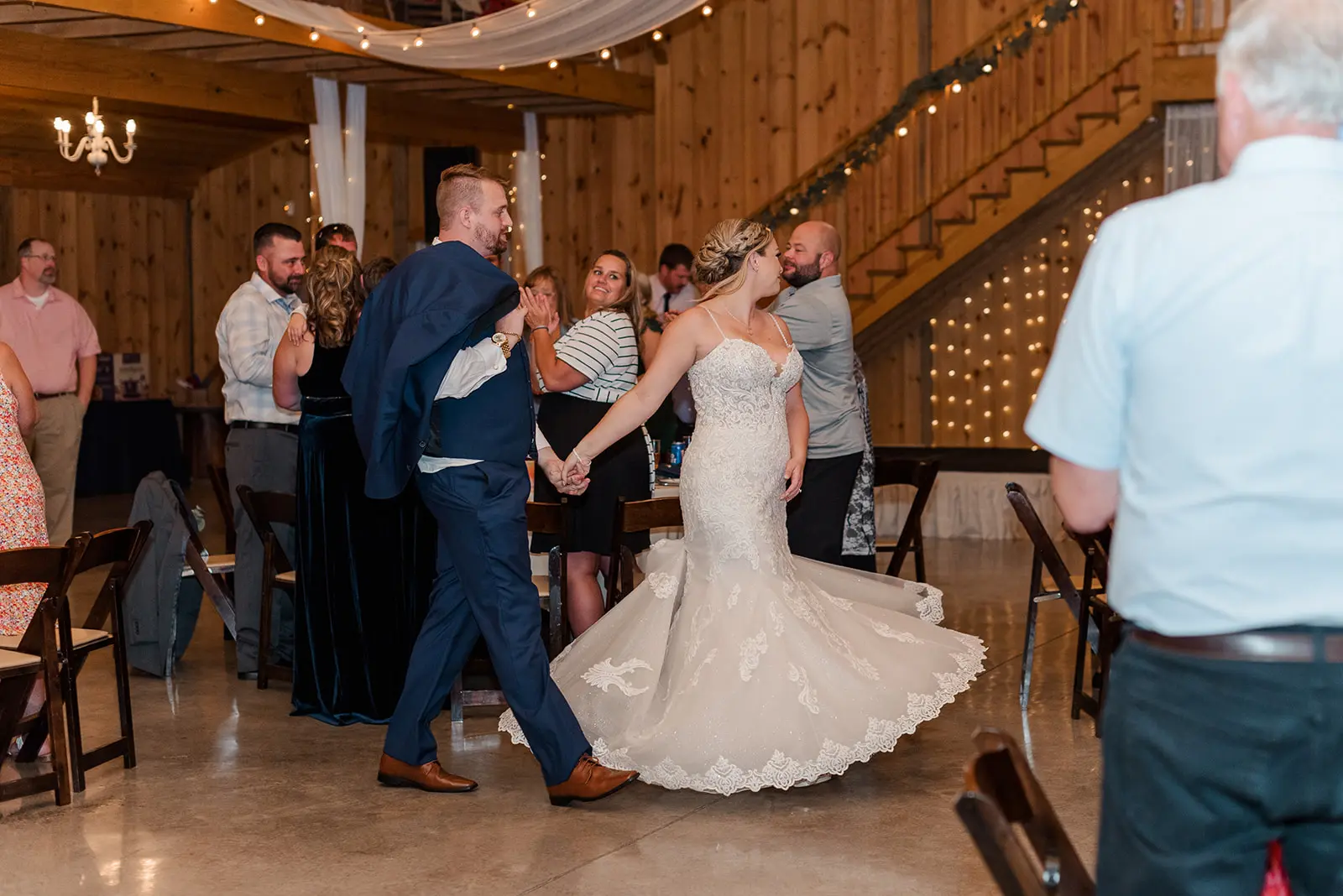 Bride Wearing Sexy Mermaid Lace Wedding Dress Called Fiona By Maggie Sottero Dancing At The Reception With Groom