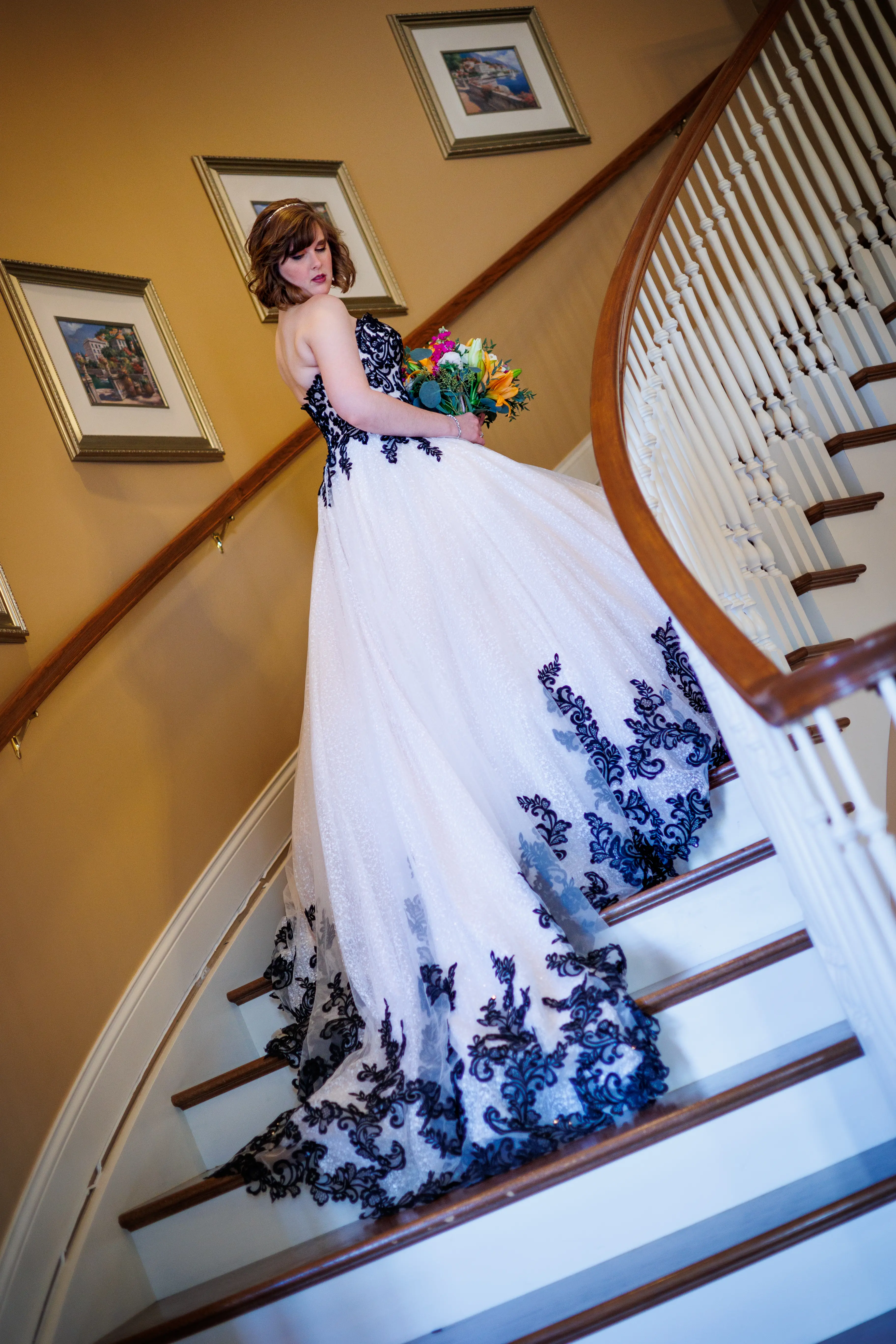 Bride Wearing Black And White Lace Strapless Ball Gown Called Tristyn By Maggie Sottero