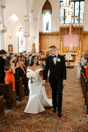 Groom With Bride Wearing Vintage Off The Shoulder Fit-And-Flare Wedding Dress Josie By Rebecca Ingram