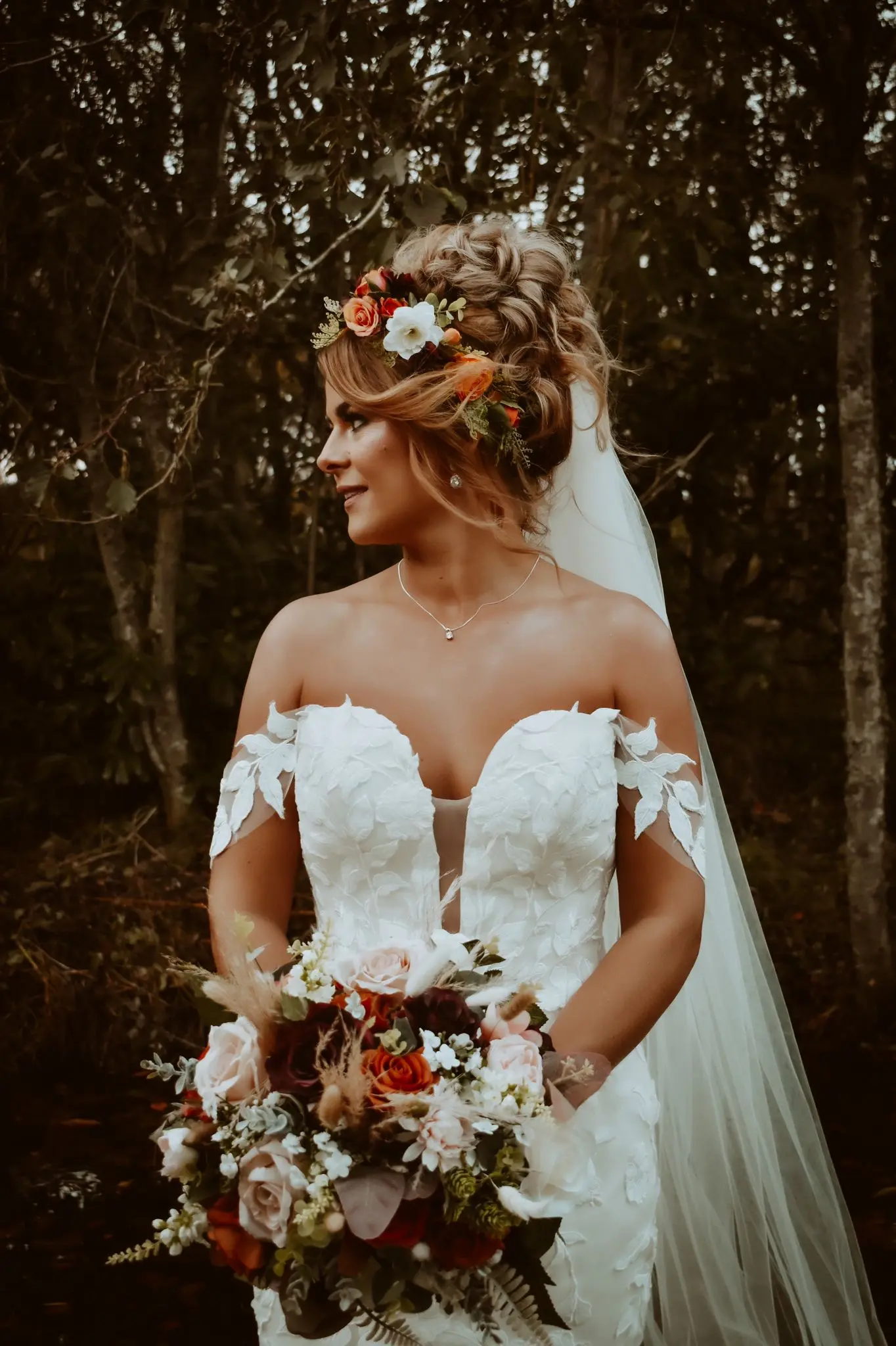 Real Bride in Strapless Mermaid Bridal Gown with Oversize Lace Floral Motifs over Sparkle Tulle and Sweetheart Neckline Called Hattie by Rebecca Ingram
