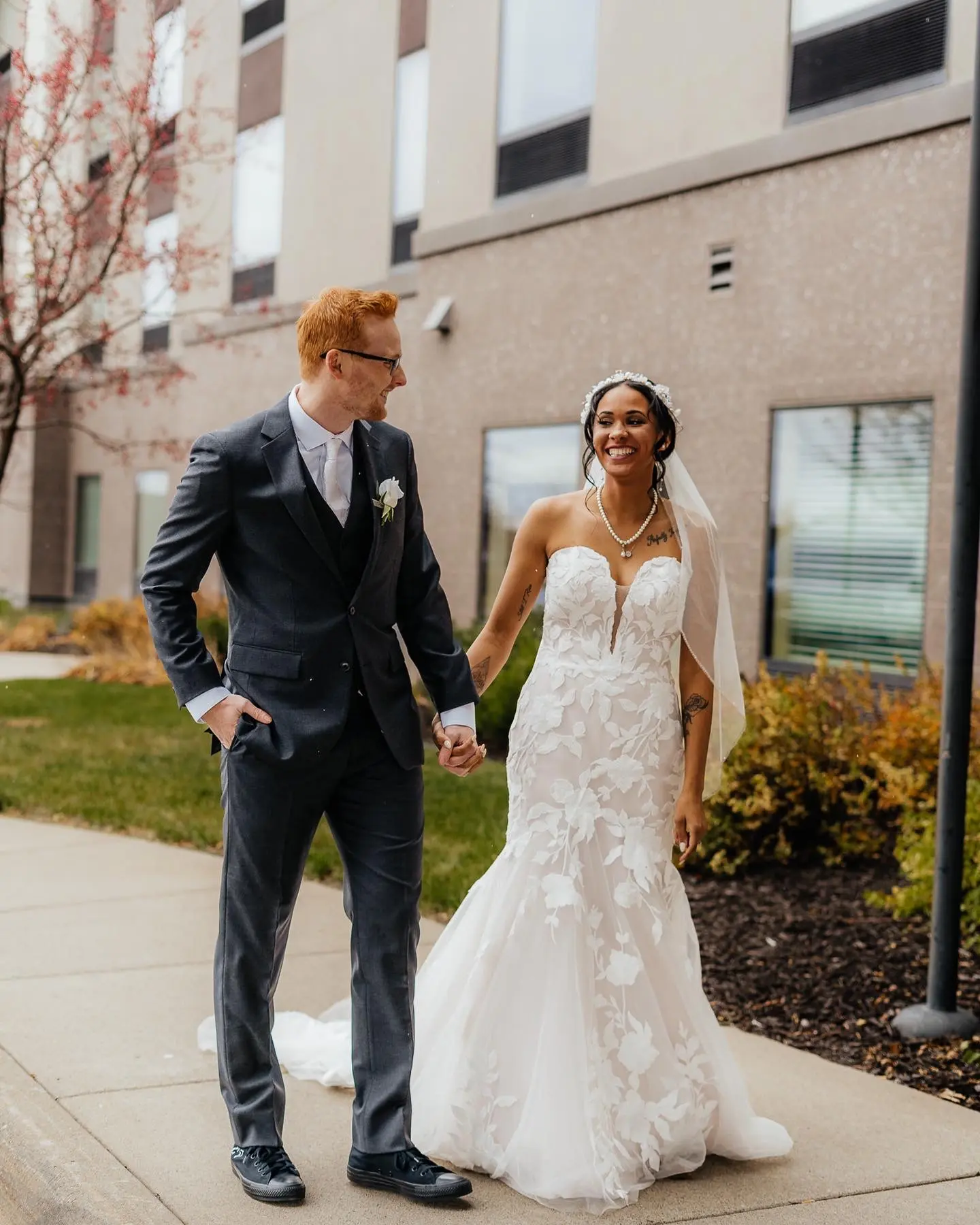 Bride Wearing Blush Mermaid Wedding Dress Called Hattie By Rebecca Ingram With Groom