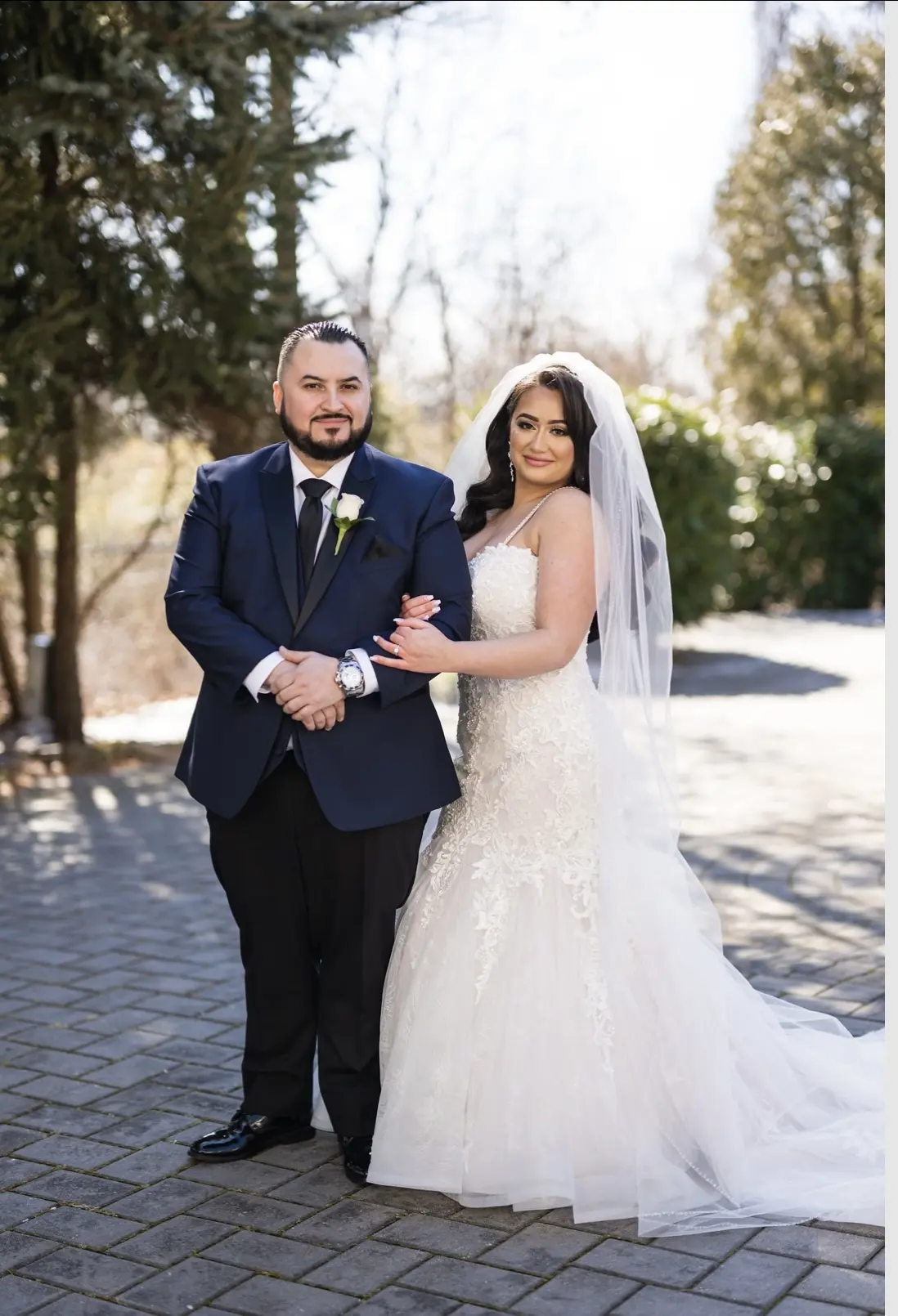 Groom Posing With Bride In Glamorous Glitter Tulle and Lace Mermaid Wedding Dress Called Lonnie Lynette By Maggie Sottero