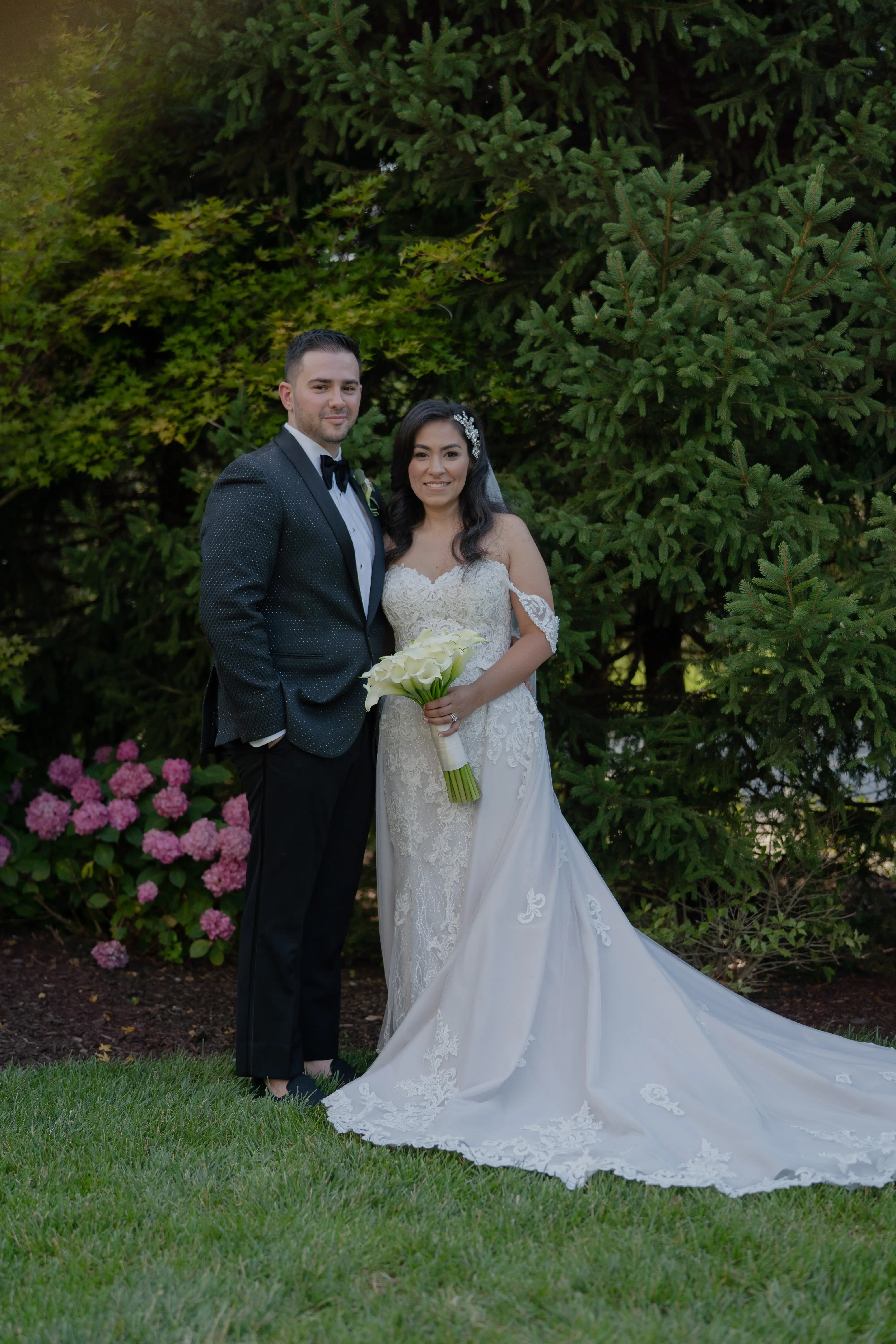 Groom With Bride Wearing Lace Mermaid With Over Skirt Kaysen By Maggie Sottero