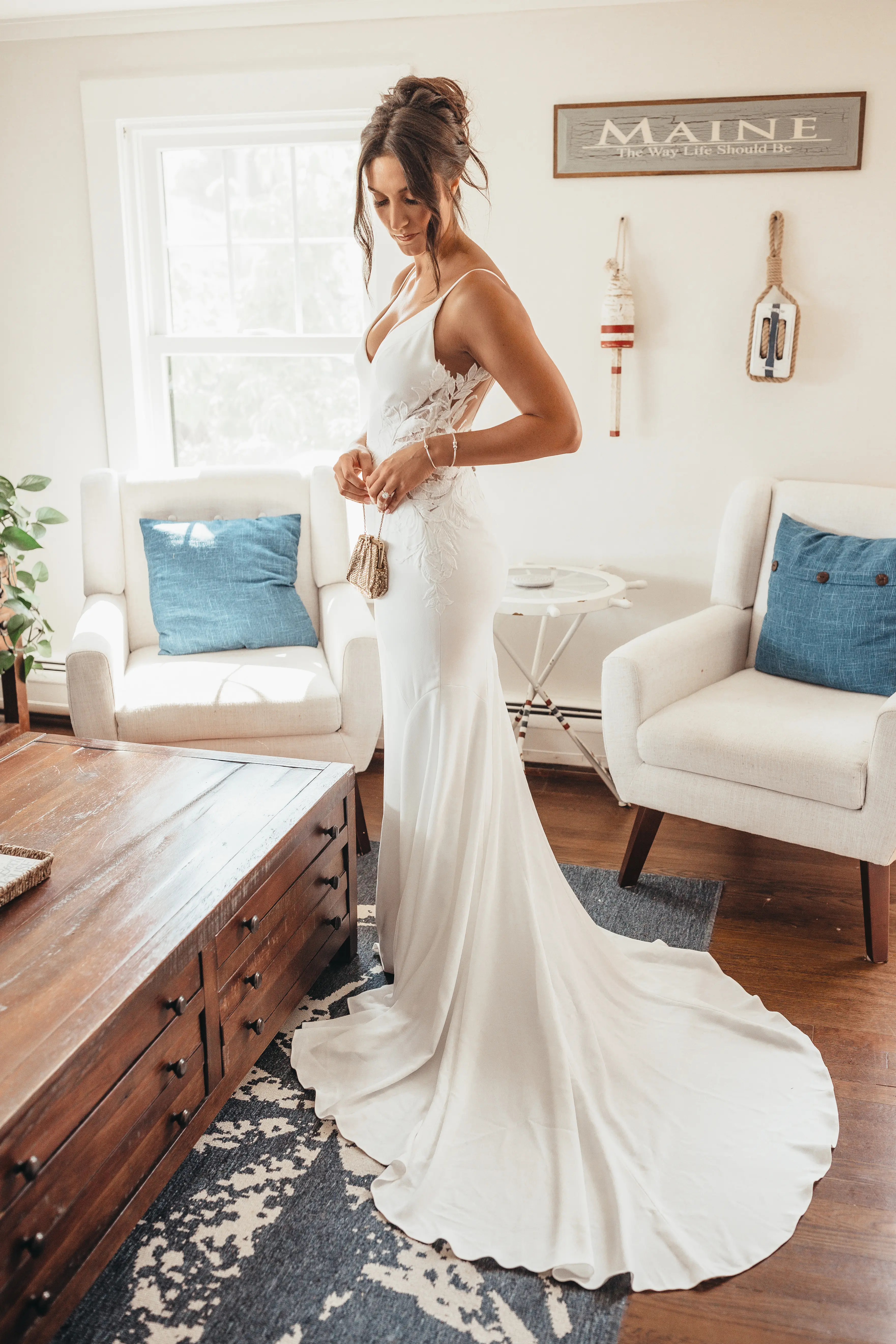 Bride Wearing Crepe And Lace Bridal Dress Called Dionne By Rebecca Ingram