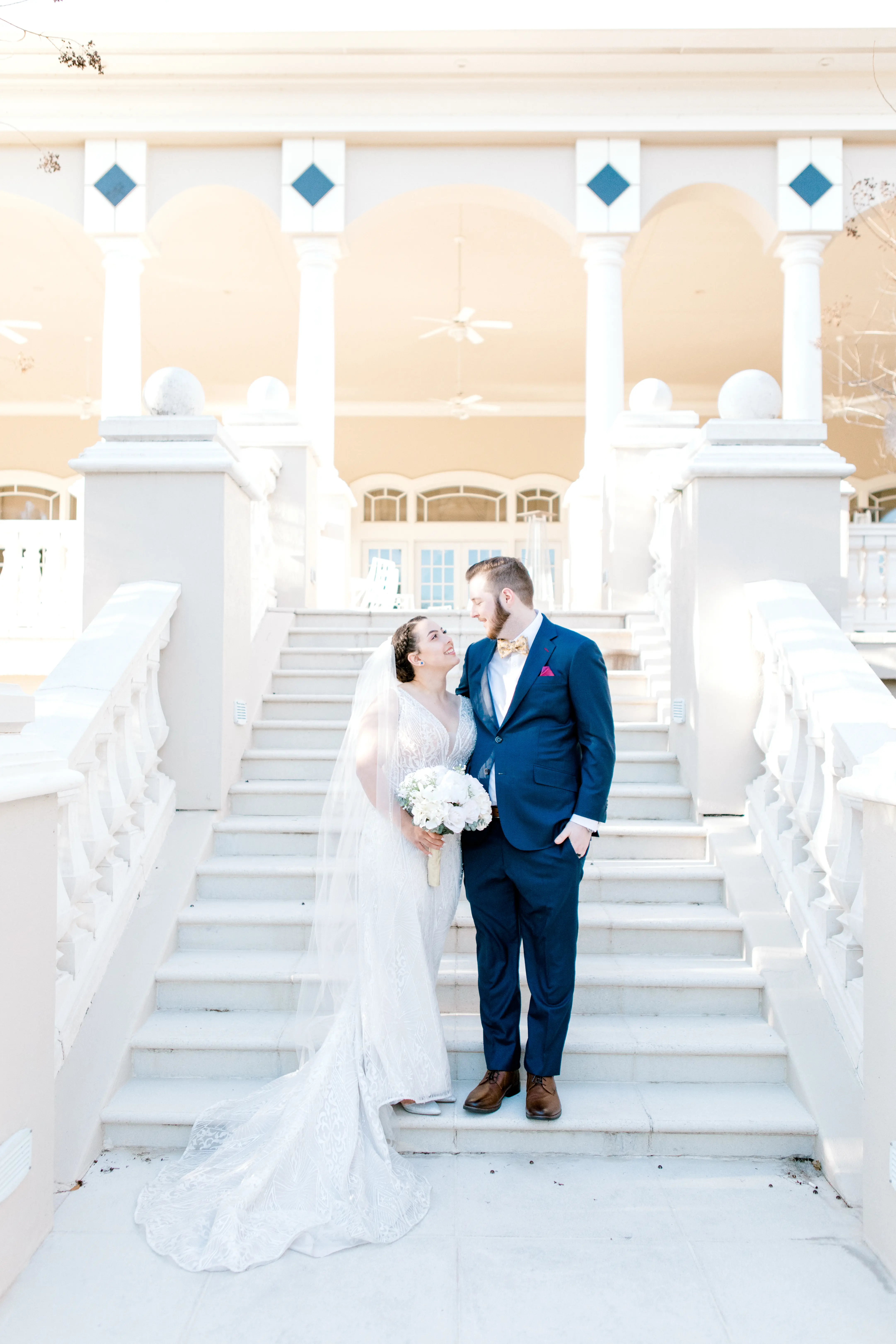 Groom with Bride in Gorgeous Art Deco Wedding Dress with Illusion V-Back Called Elaine by Maggie Sottero