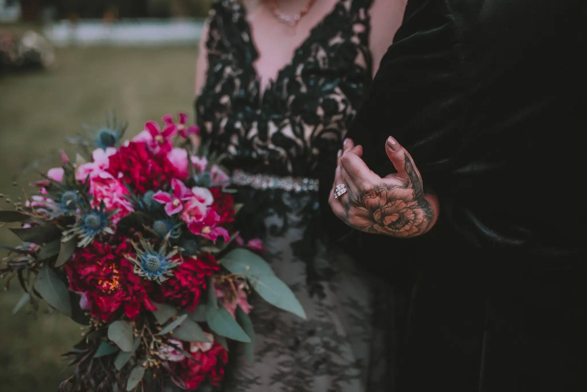 Groom With Bride Wearing Black Lace Ball Gown Zander By Sottero and Midgley