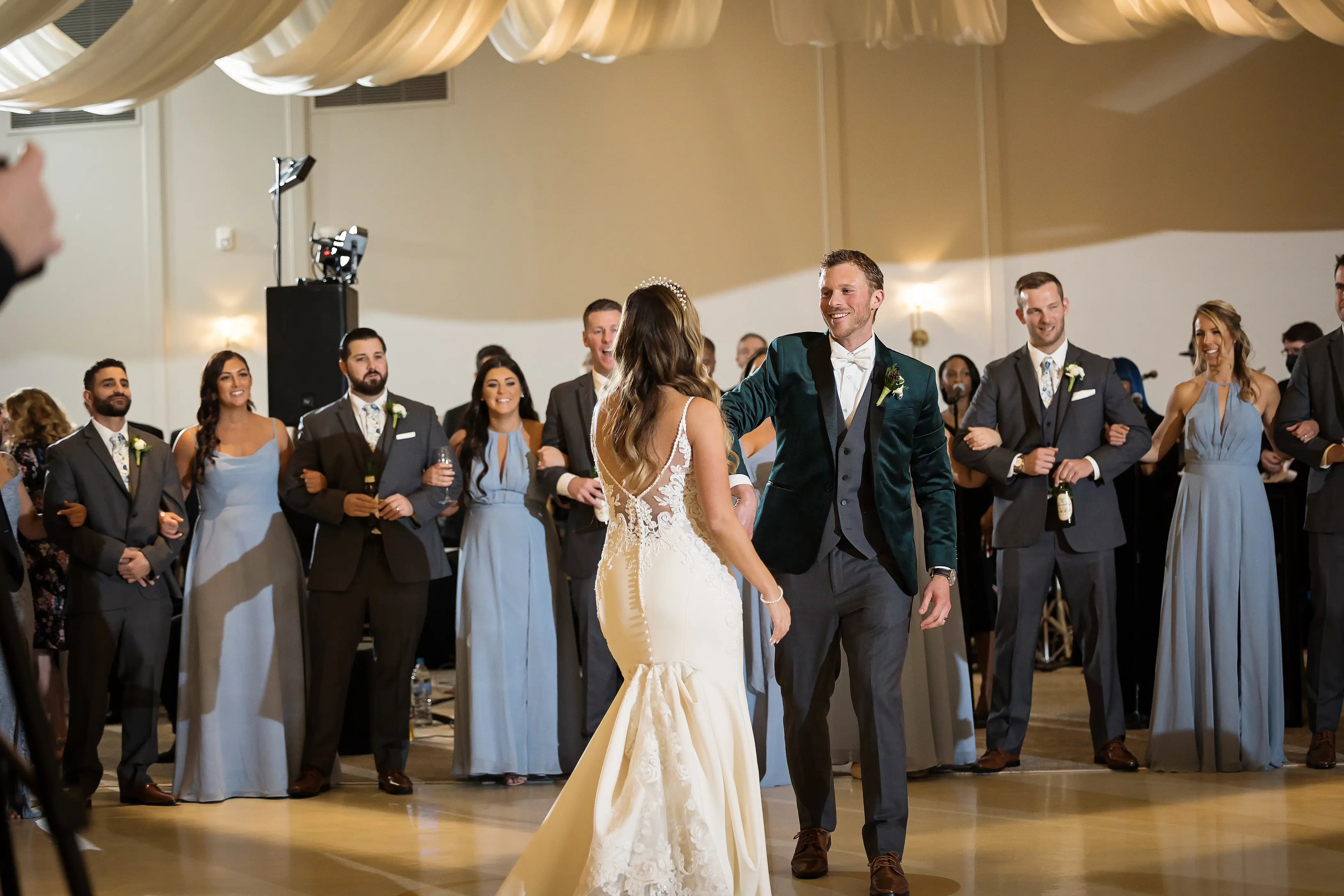 Bride Wearing Lace Mermaid Wedding Gown Called Nikki By Maggie Sottero Dancing With Groom