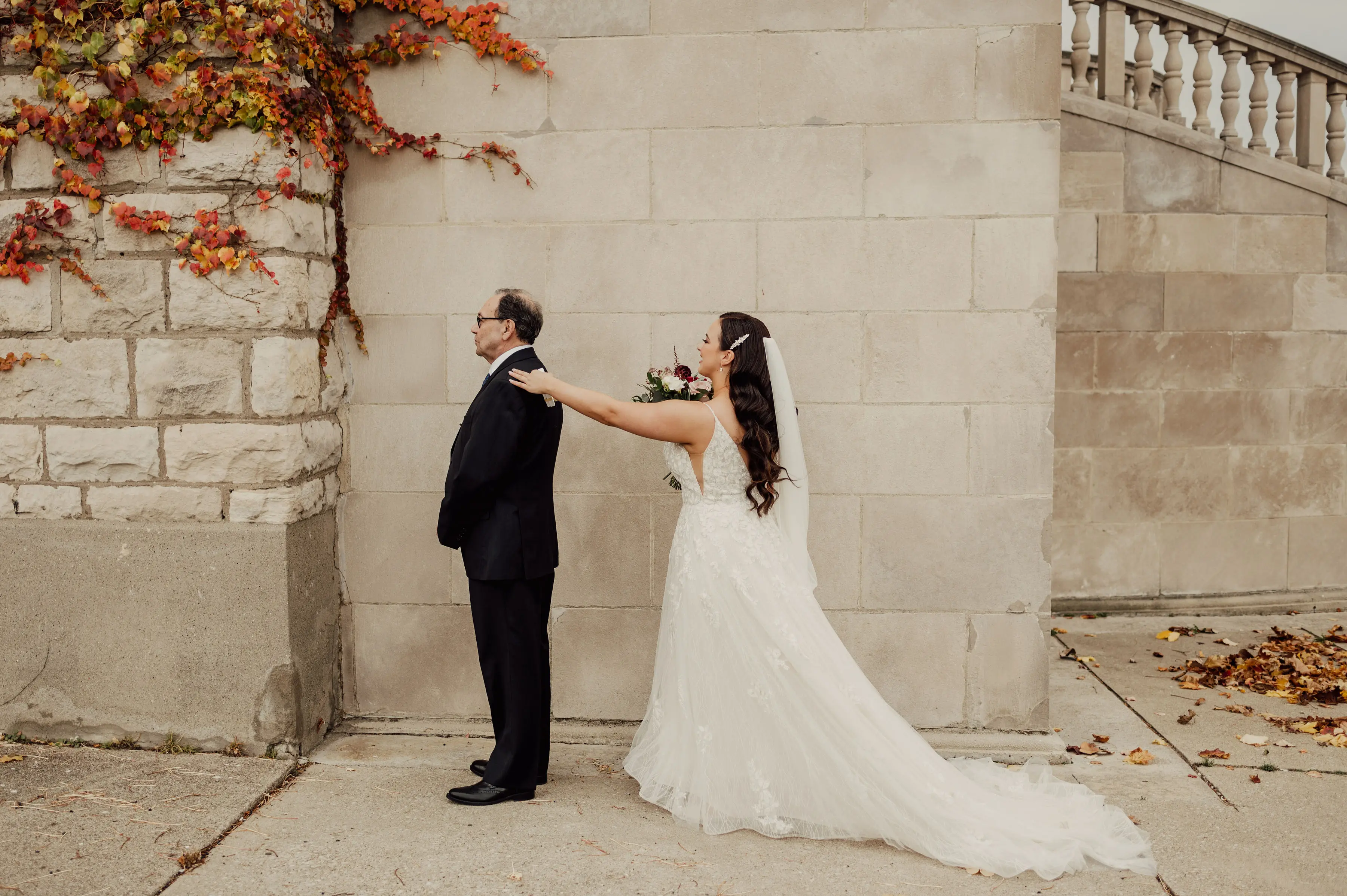 Bride Wearing Floral Lace Wedding Gown Called Laramie By Sottero And Midgley Doing First Look With Father