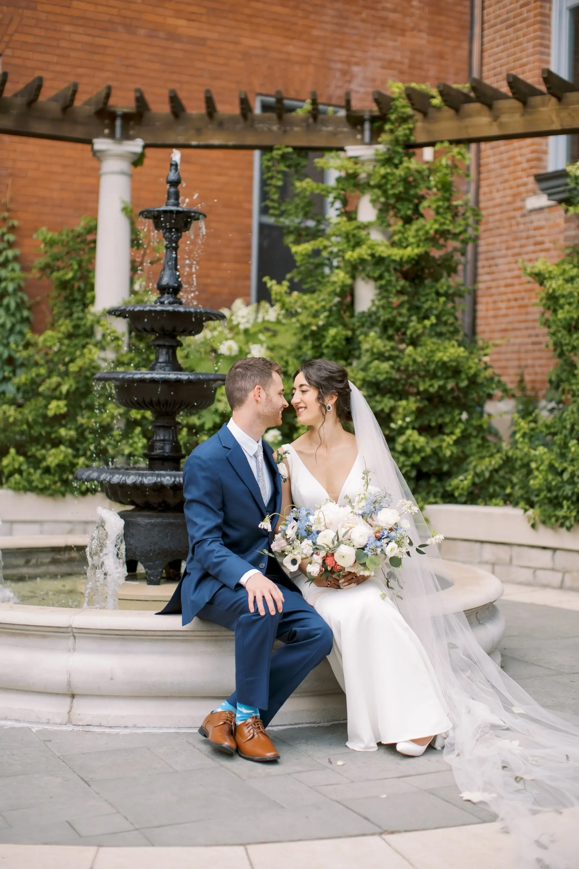 Bride In Simple Crepe V-neck Theodora Rebecca Ingram With Groom