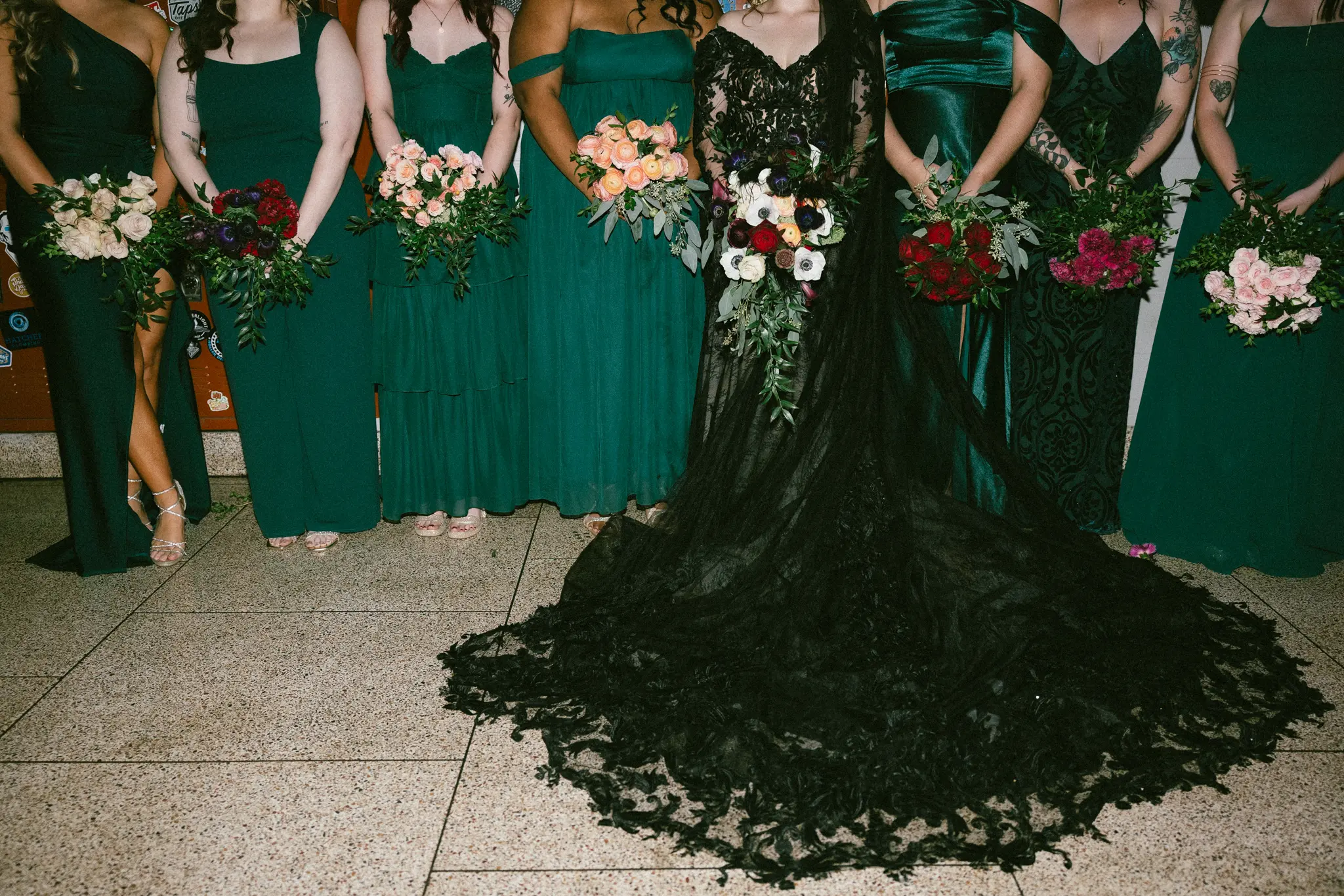 Bride Wearing Black Lace Wedding Dress Called Zander Lane By Sottero And Midgley With Bridesmaids In Jade Green Dresses