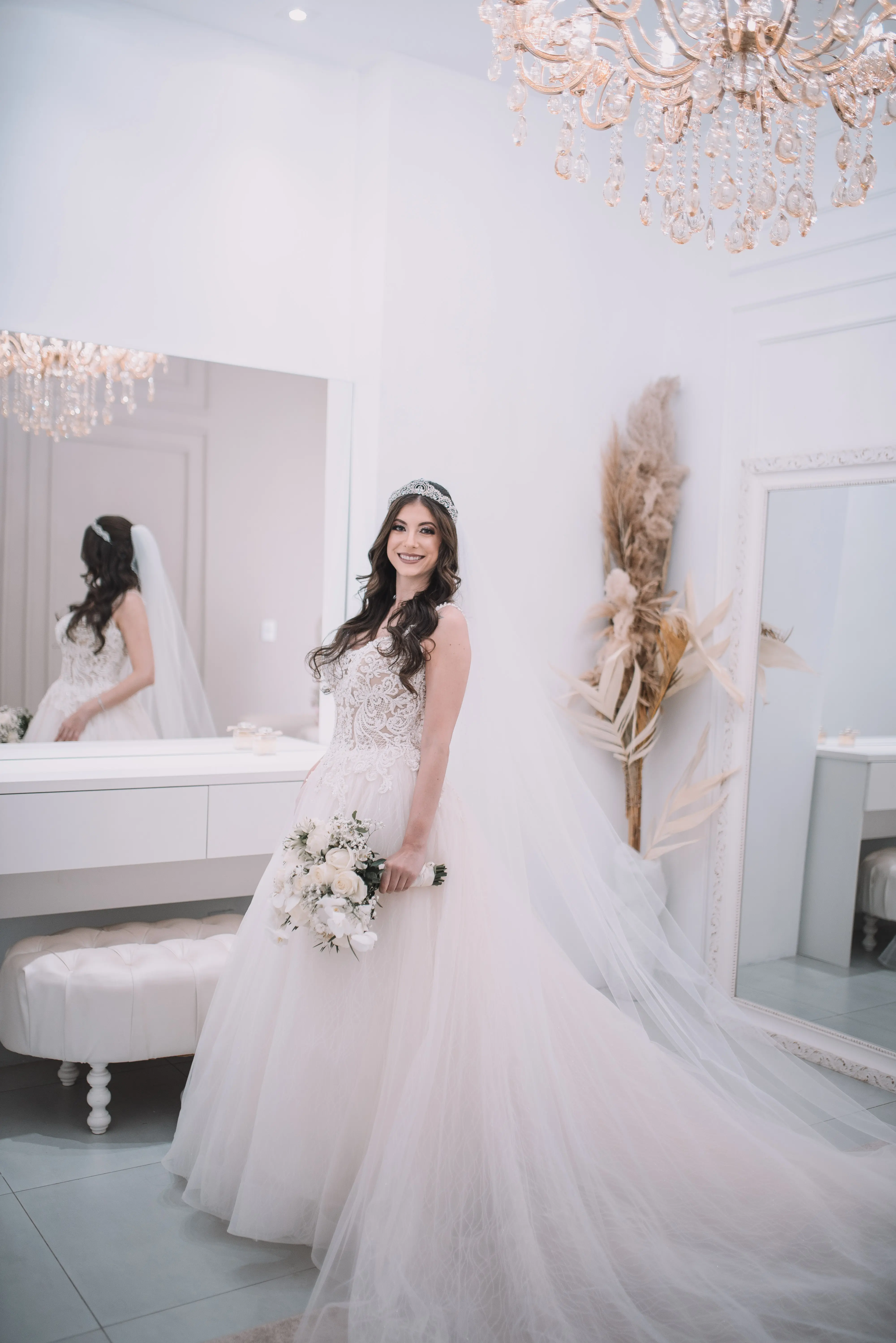 Bride in Flirty A-Line Wedding Gown with Beaded Lace Motifs over Textured Tulle and Precious Organza with Sheer Beaded Bodice Called Savannah by Maggie Sottero