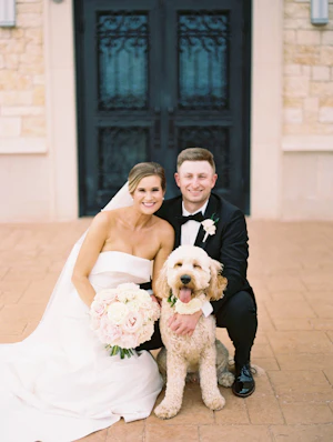 Dog With Groom And Bride Wearing Simple Sheath Wedding Dress With Bow Back Called Mitchell By Maggie Sottero
