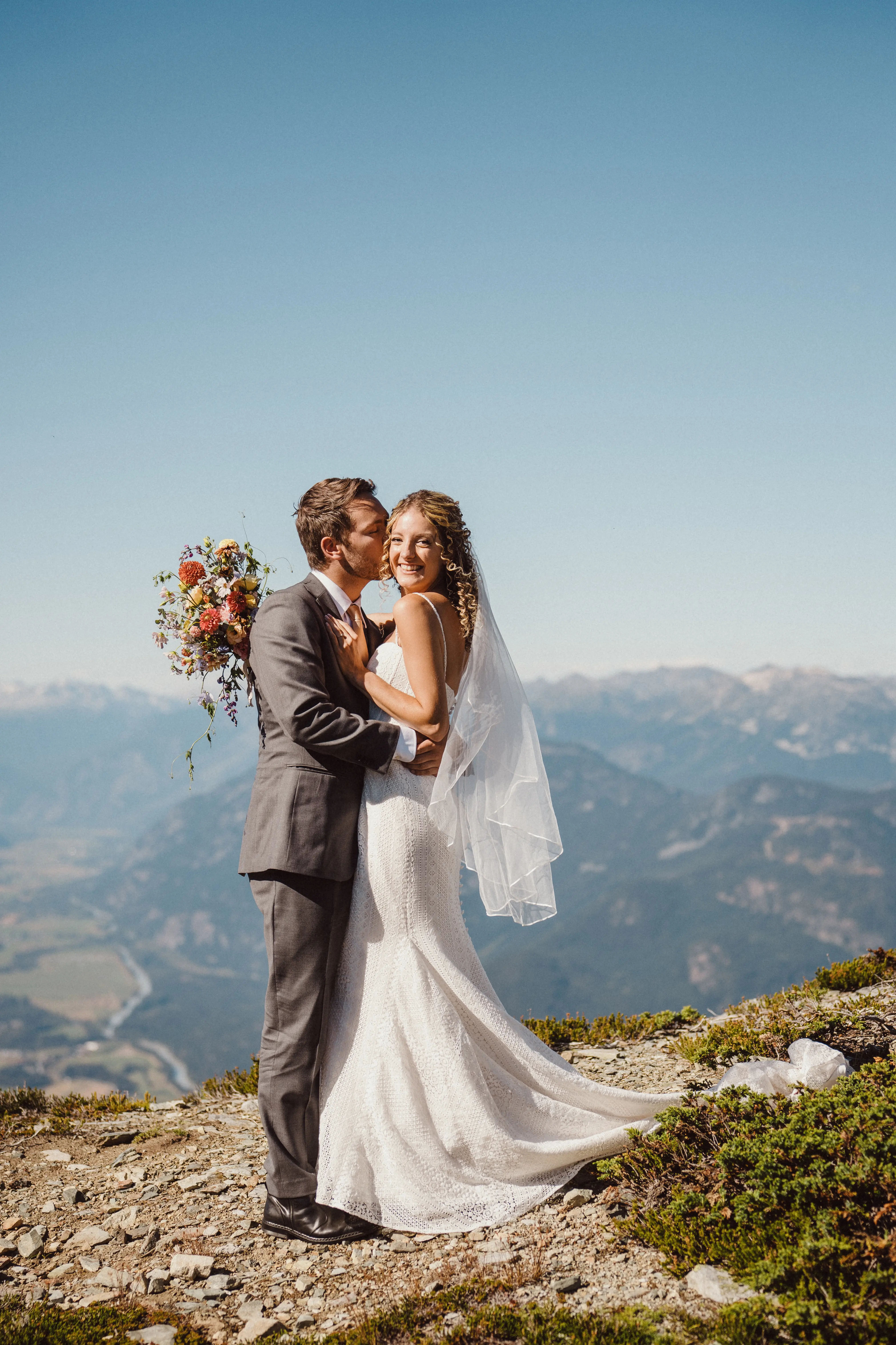 Real Bride in Geometric Lace Bridal Dress with Sweetheart Neckline Called Dover by Maggie Sottero