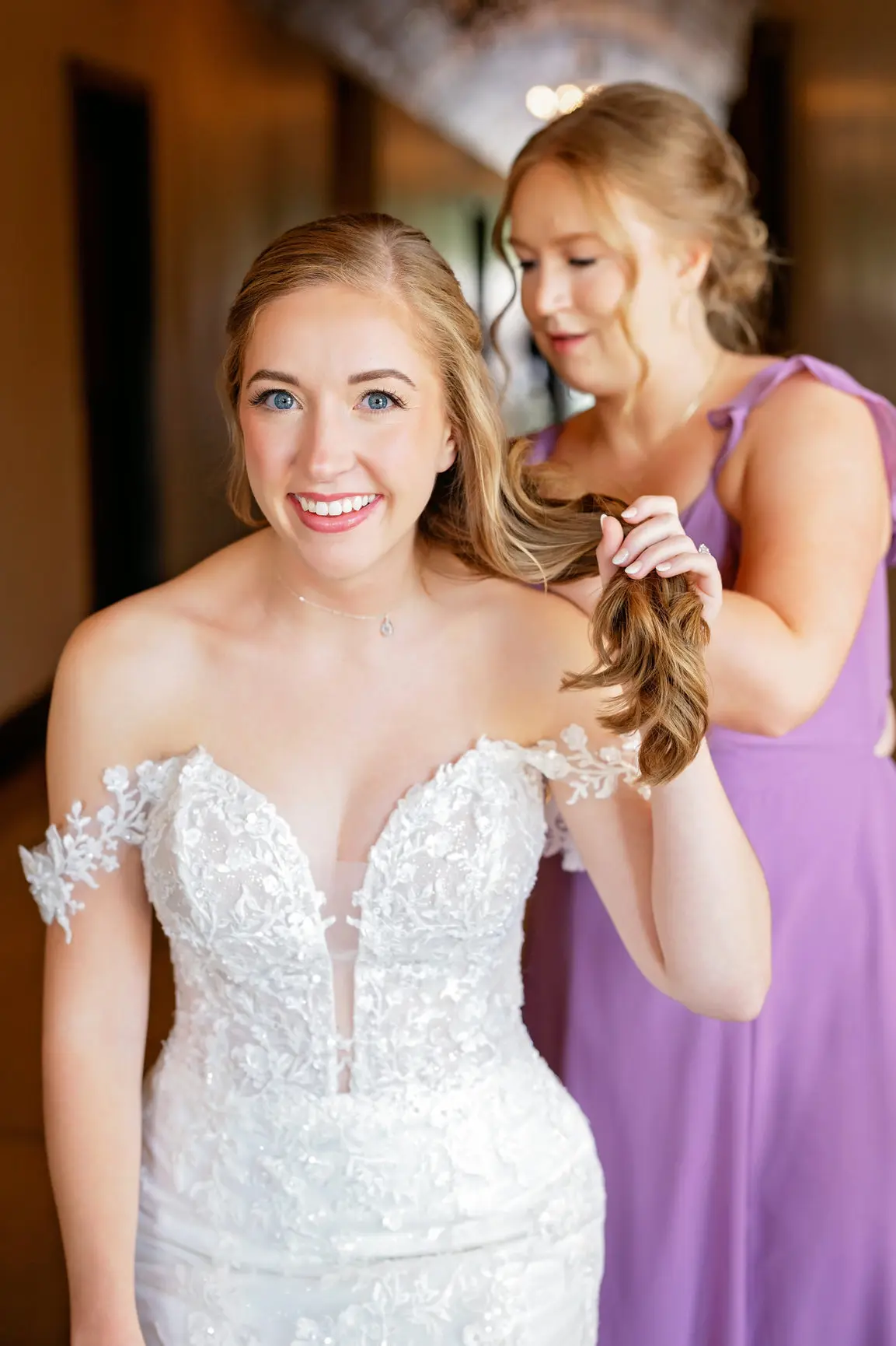 Bride Wearing Lace Wedding Dress Called Lennon By Maggie Sottero Getting Ready