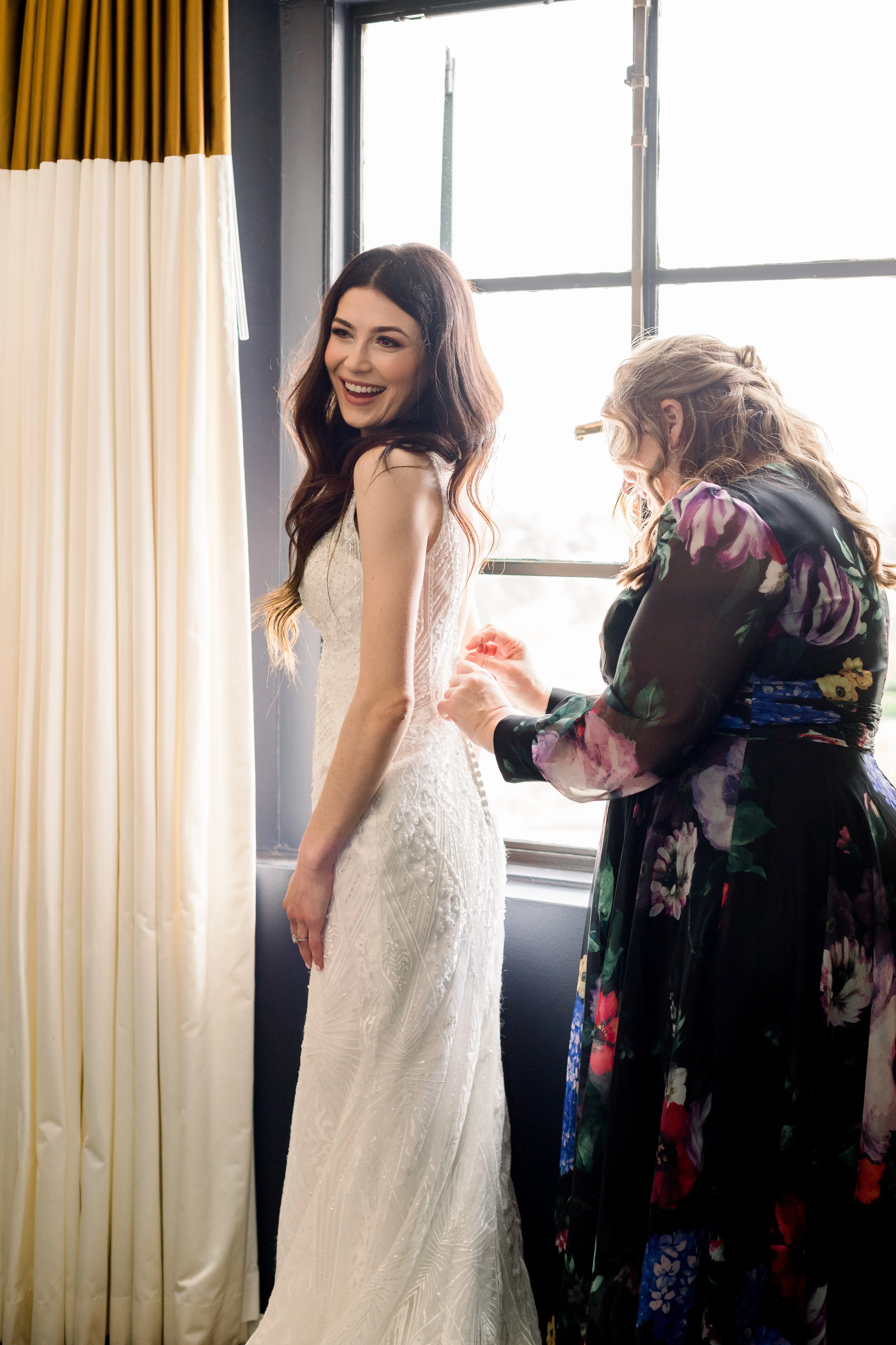 Bride Wearing Vintage Art Deco Wedding Dress Called Elaine By Maggie Sottero Getting Ready For Her Wedding