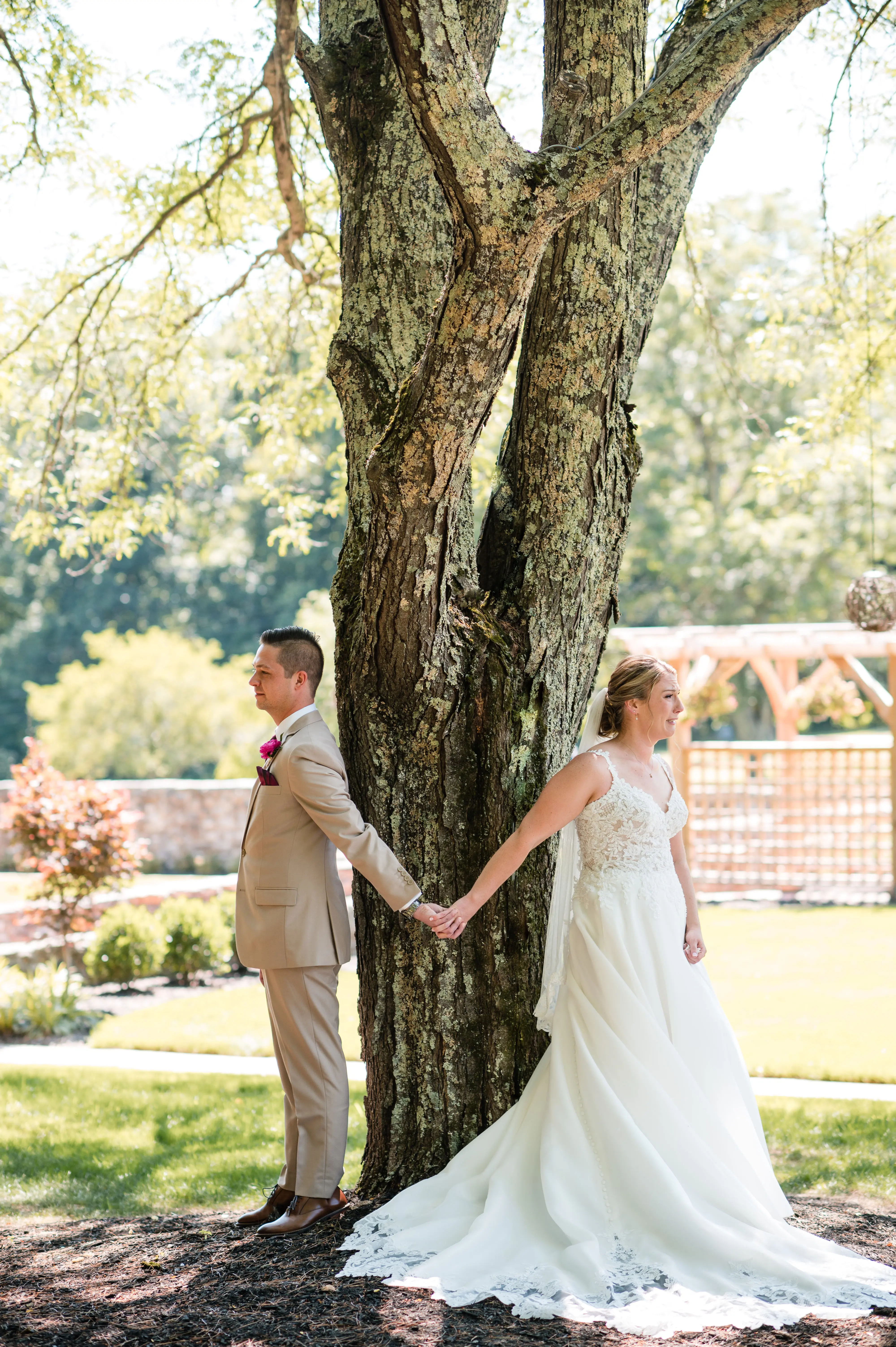 Real Bride in Beaded Lace Organza Wedding Dress Called Savannah By Maggie Sottero Doing First Look With Groom