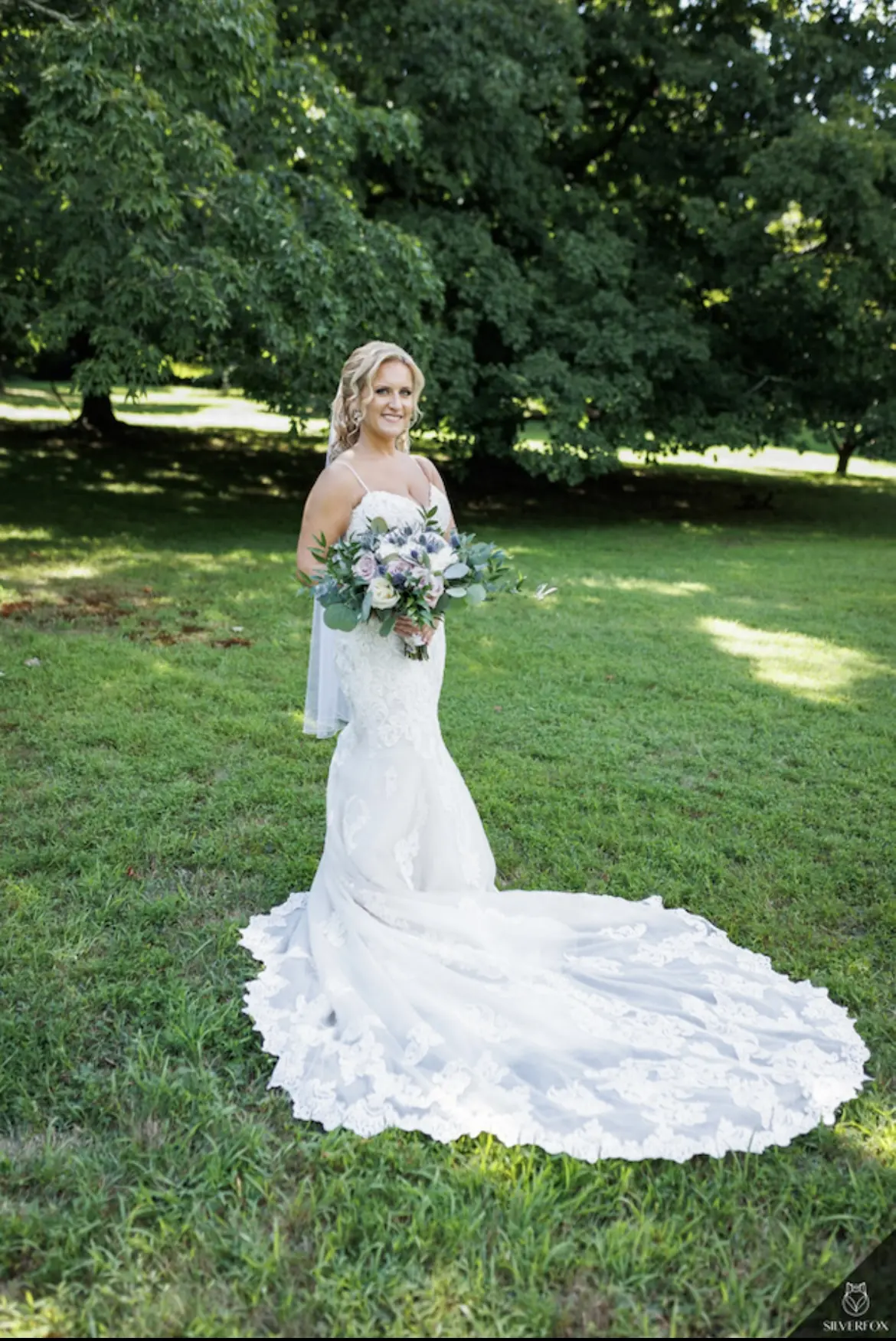Real Bride in Sparkly Lace Fit-and-Flare Bridal Dress with Scalloped Illusion Lace Train Called Fiona by Maggie Sottero