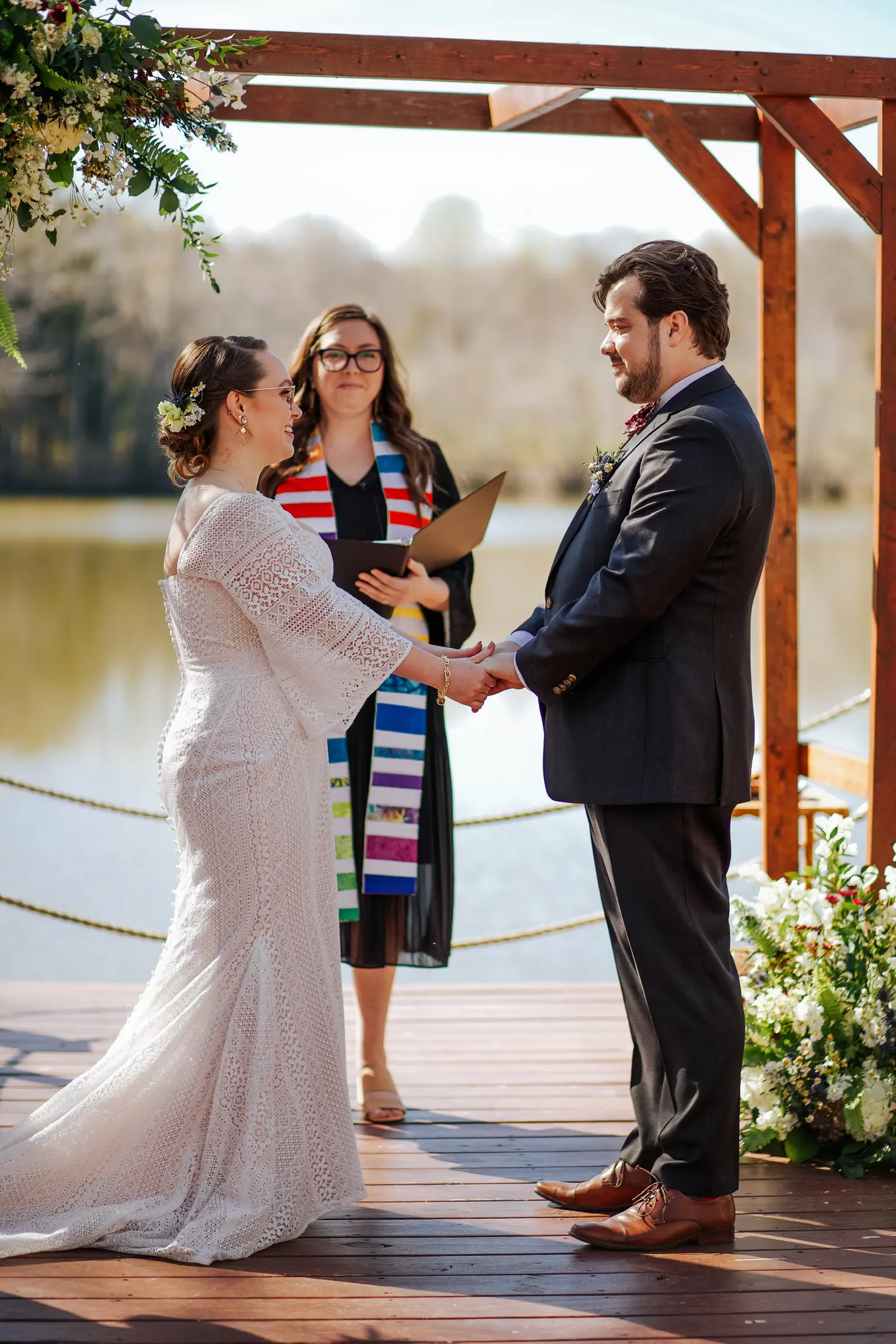 Groom at Altar with Bride in Geometric Allover Lace Wedding Dress with Sweetheart Neckline Called Dover by Maggie Sottero