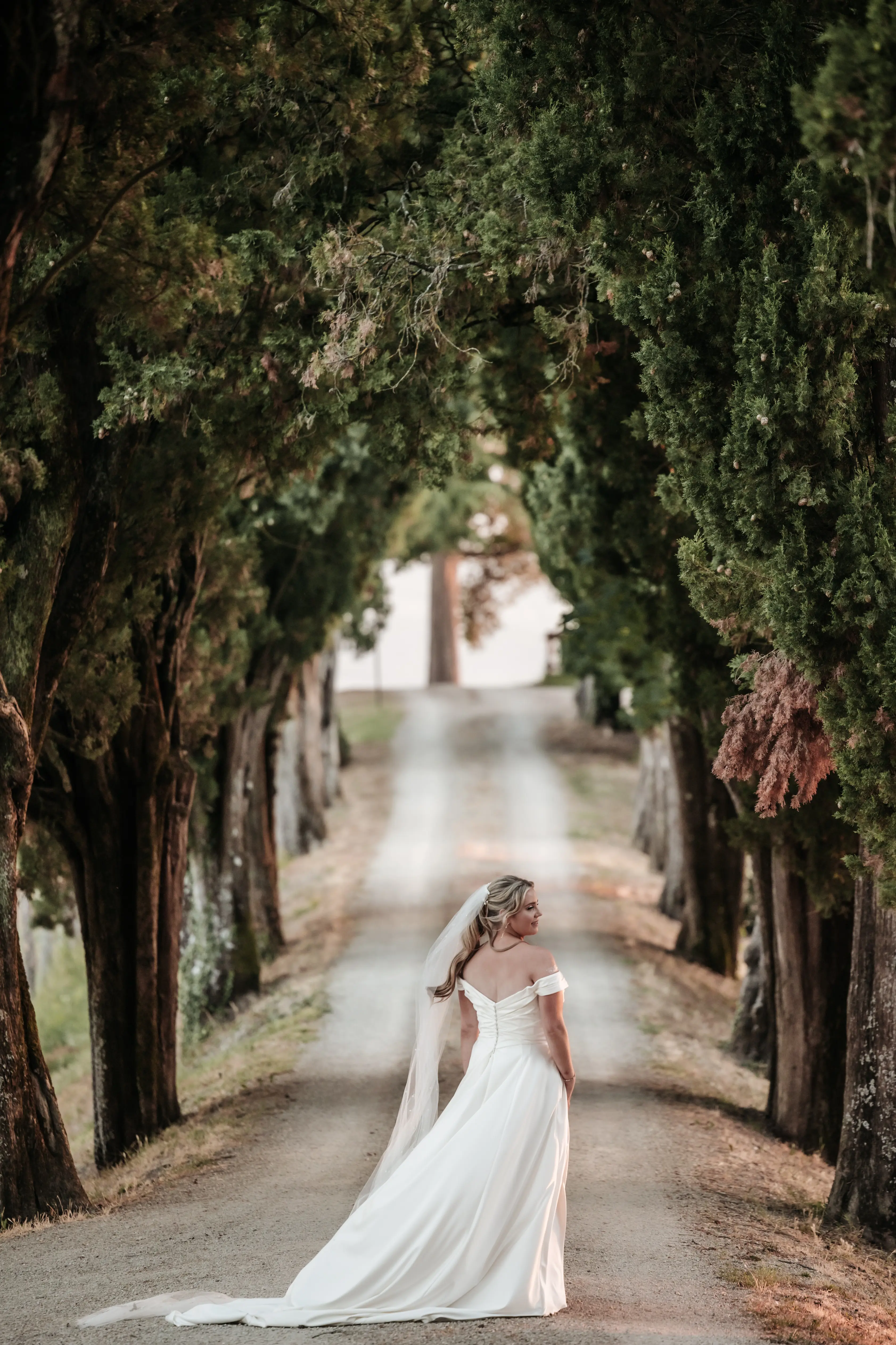Bride Wearing A-Line Satin Off-The-Shoulder Satin Wedding Dress Ekaterina By Maggie Sottero