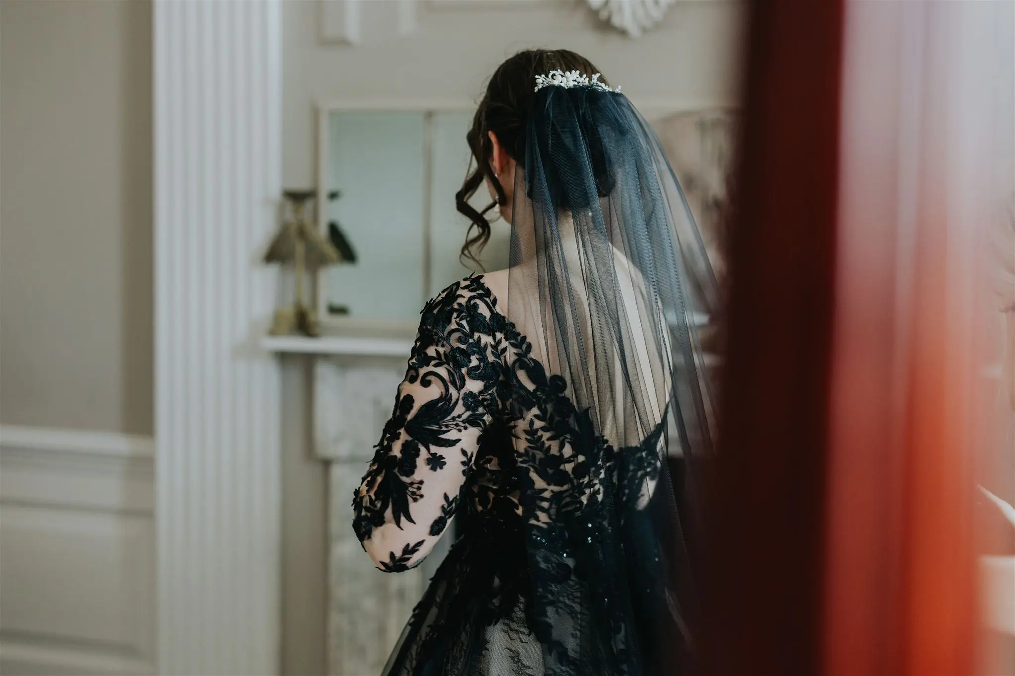 Real Bride in Chic Black Ball Gown Wedding Dress with Contrasting Layers of Tulle and Lace Called Zander by Sottero & Midgley