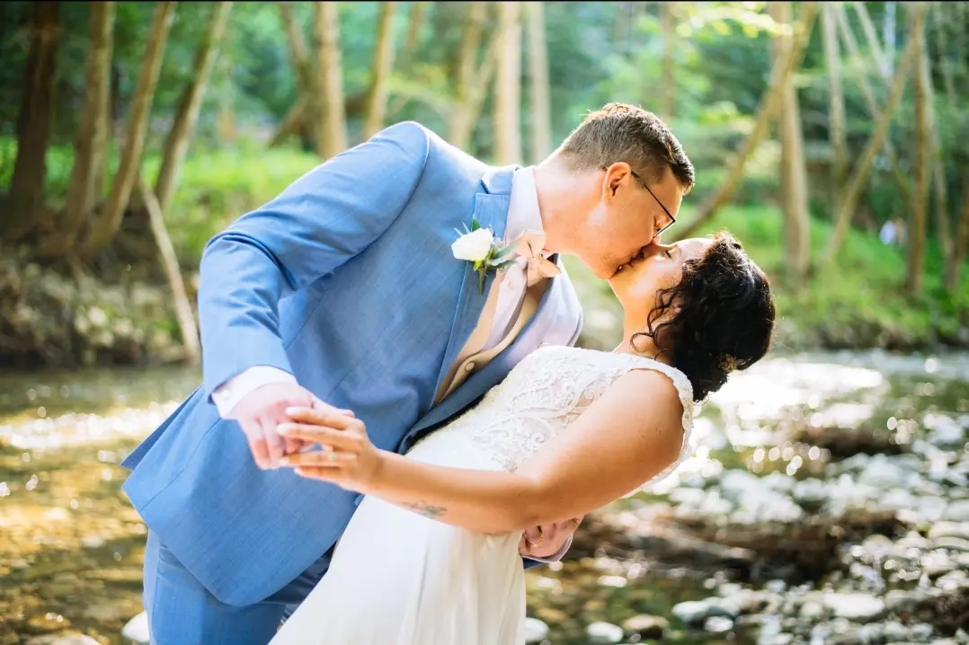 Groom With Bride Wearing Romantic Cap Sleeve Chiffon Wedding Dress June By Maggie Sottero