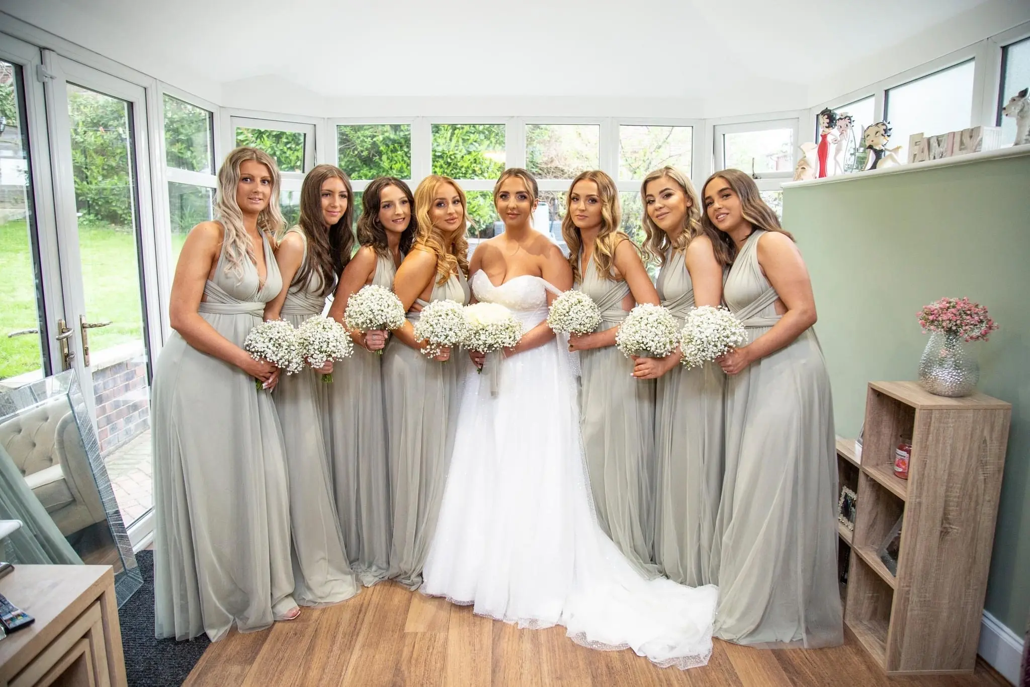 Bride In Strapless Ballgown Shasta Sottero Midgley With Bridesmaids In Grey