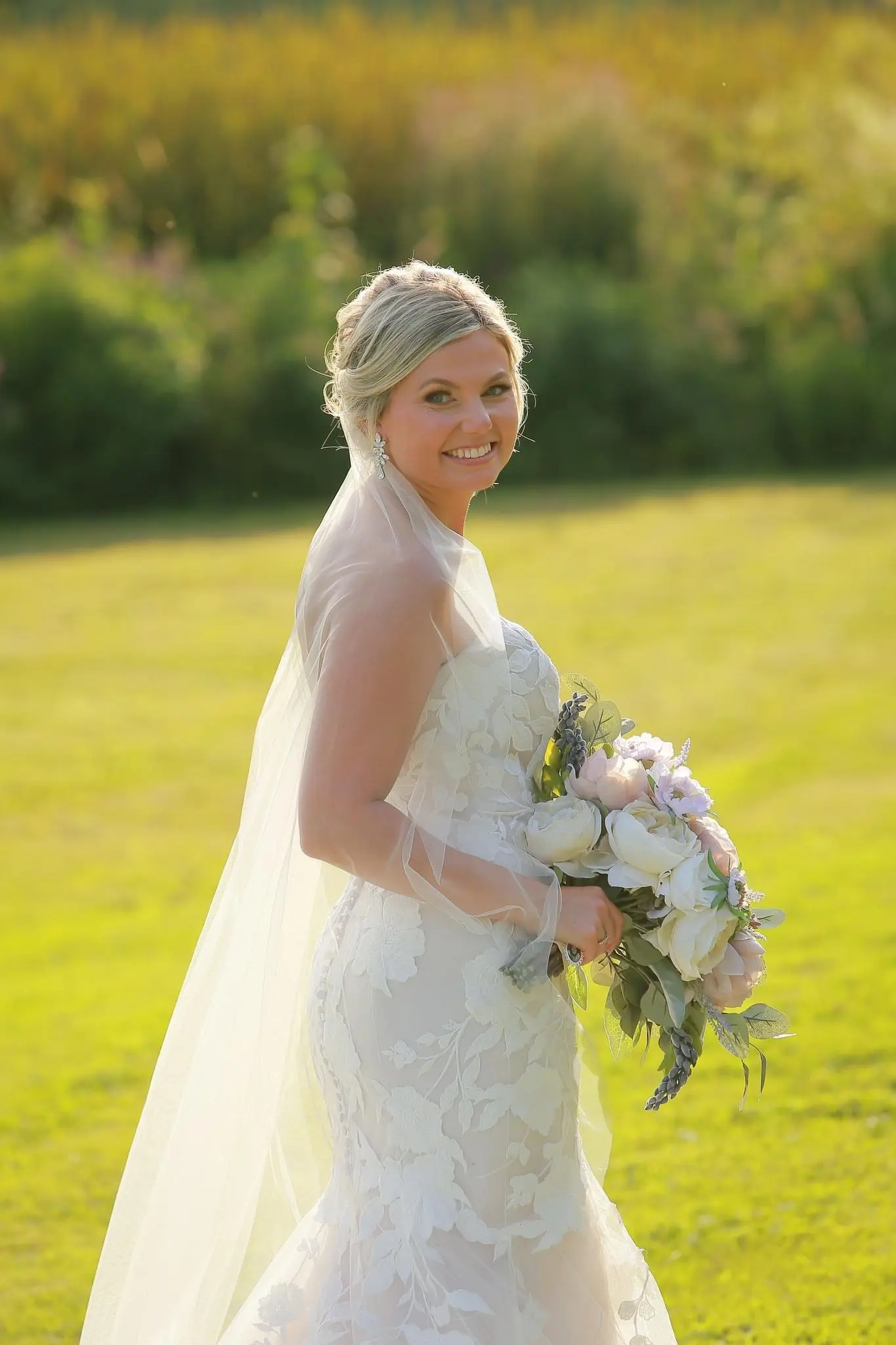 Bride Wearing Mermaid Wedding Dress With Oversized Floral Lace Hattie By Rebecca Ingram