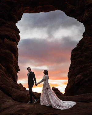 Groom With Bride Wearing A White A Line Wedding Dress Named Keisha By Maggie Sottero At Sunset