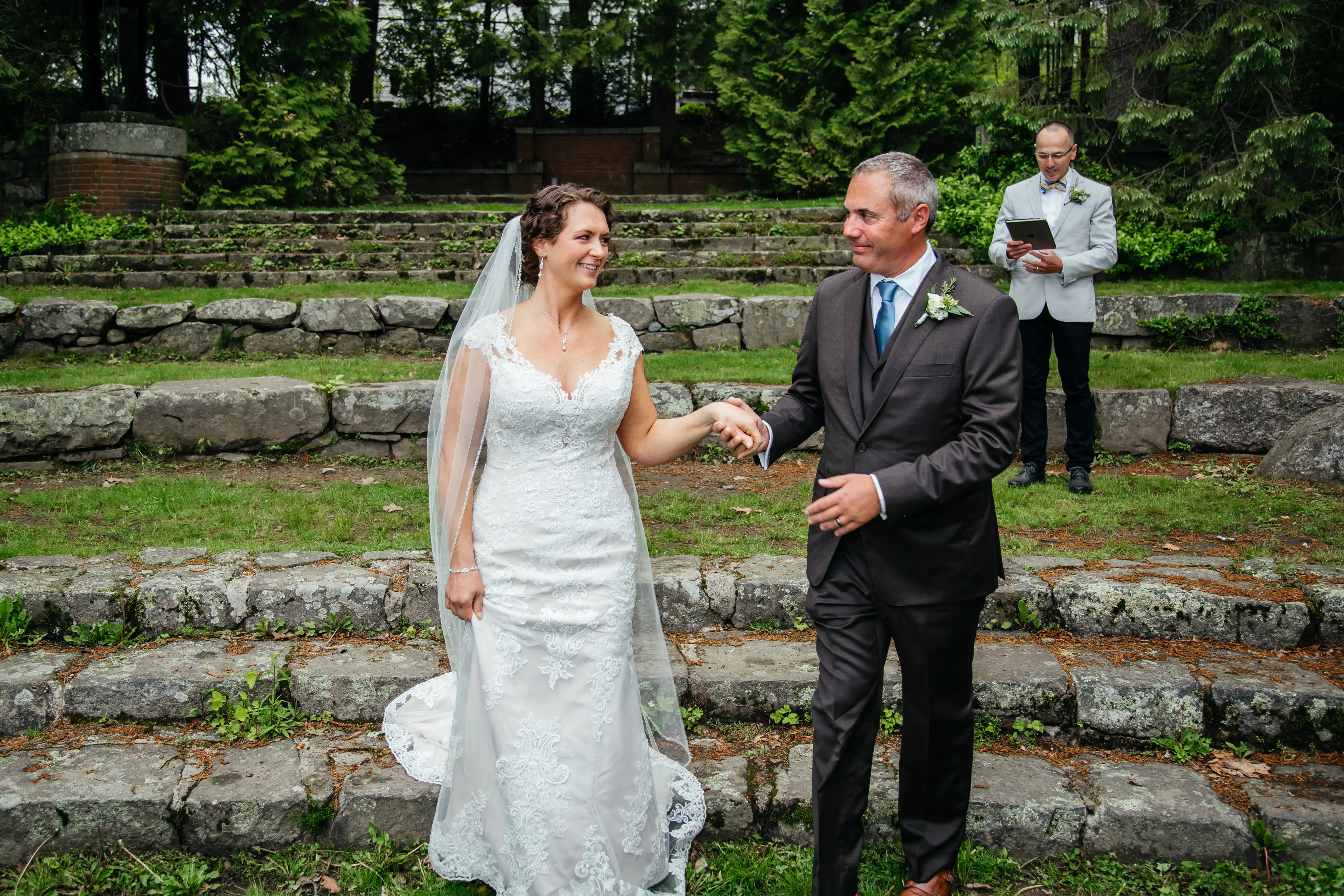 Groom With Bride Wearing Lace Fit-And-Flare Daphne By Rebecca Ingram