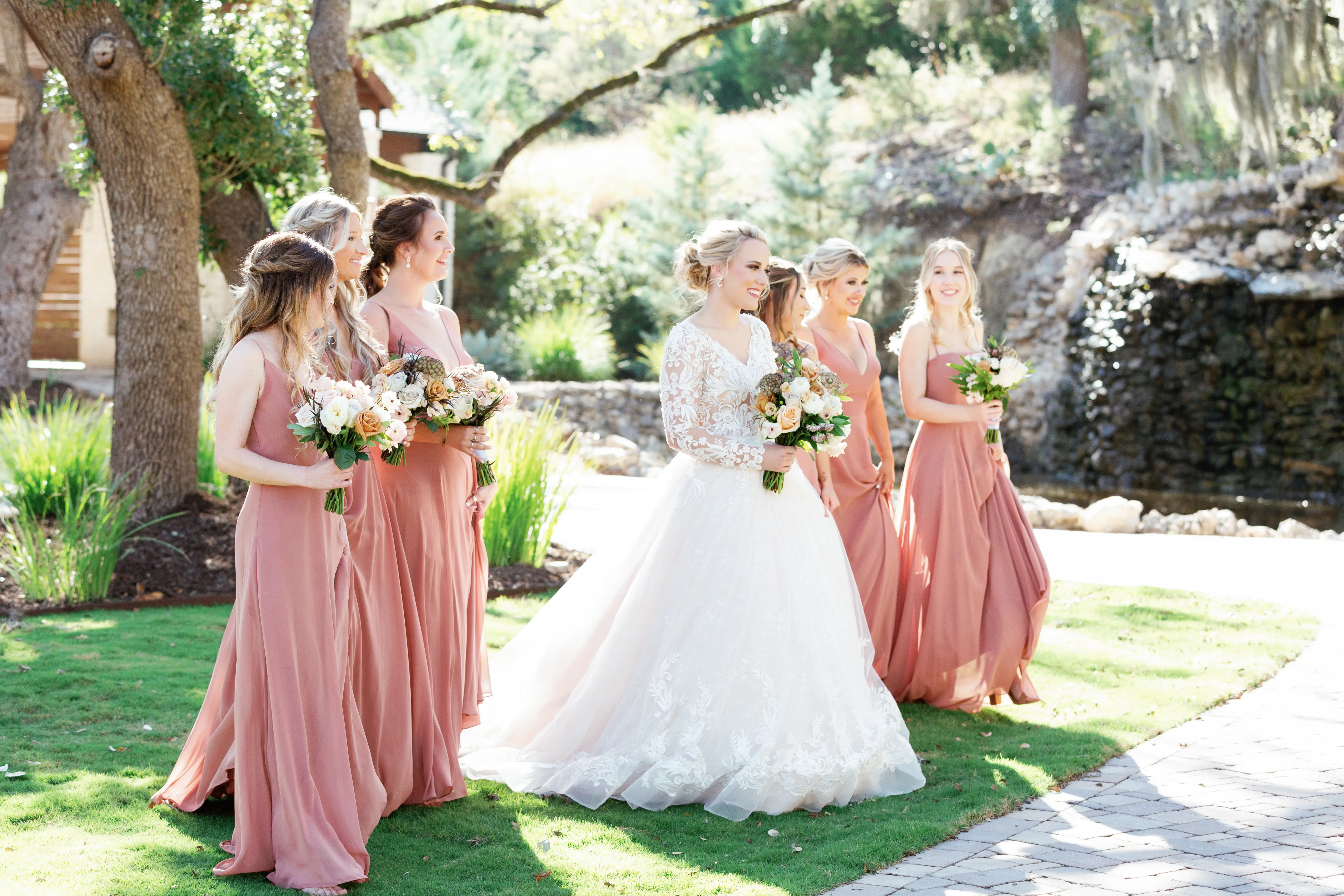 Real Bride Wearing Lace Ballgown Wedding Dress Called Zander By Sottero and Midgley With Her Bridesmaids