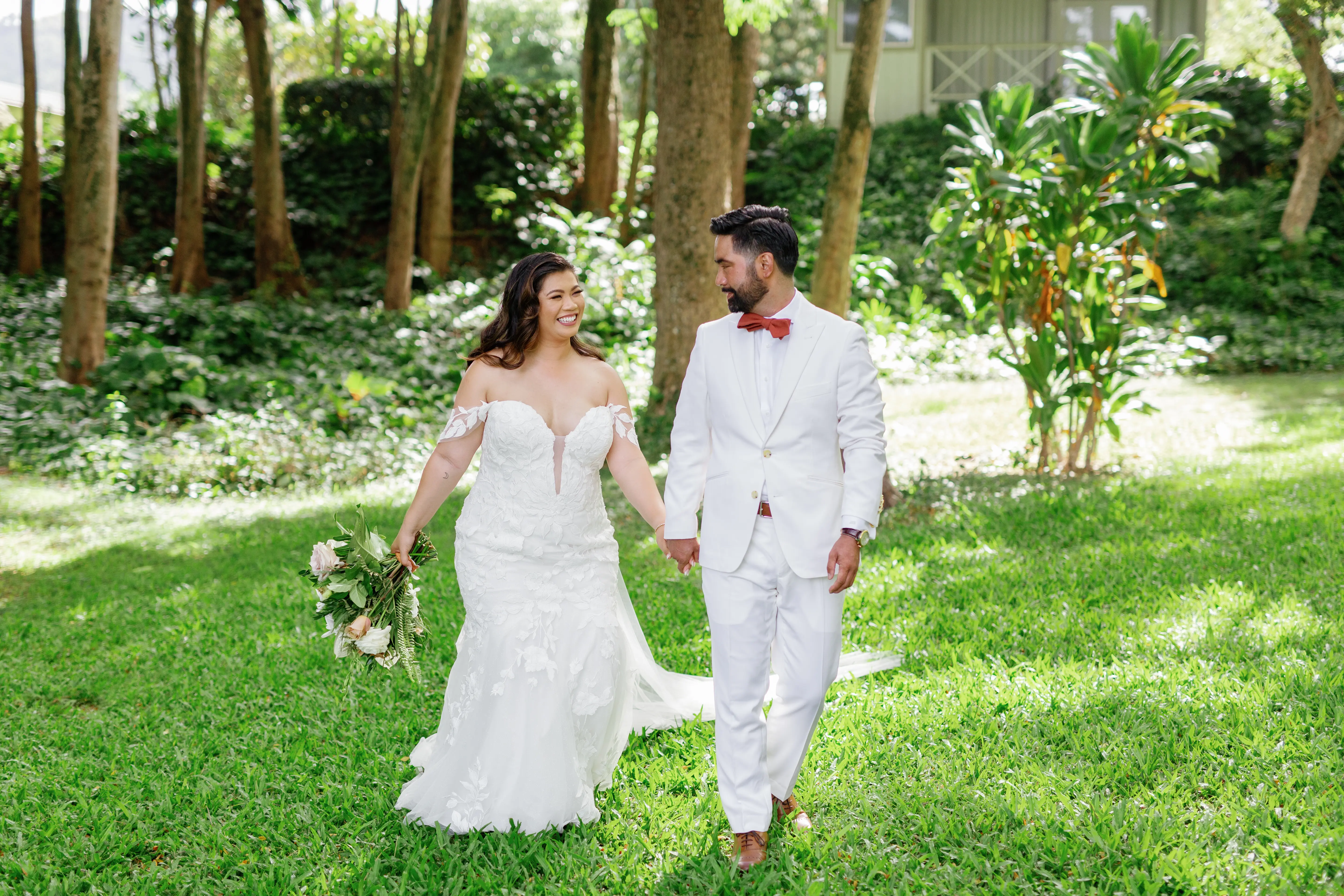 Bride Wearing Lace Mermaid Wedding Dress Called Hattie By Rebecca Ingram With Groom