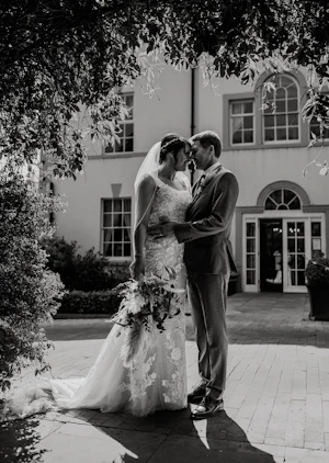 Bride In Square Neck Sheath Albany Maggie Sottero With Groom